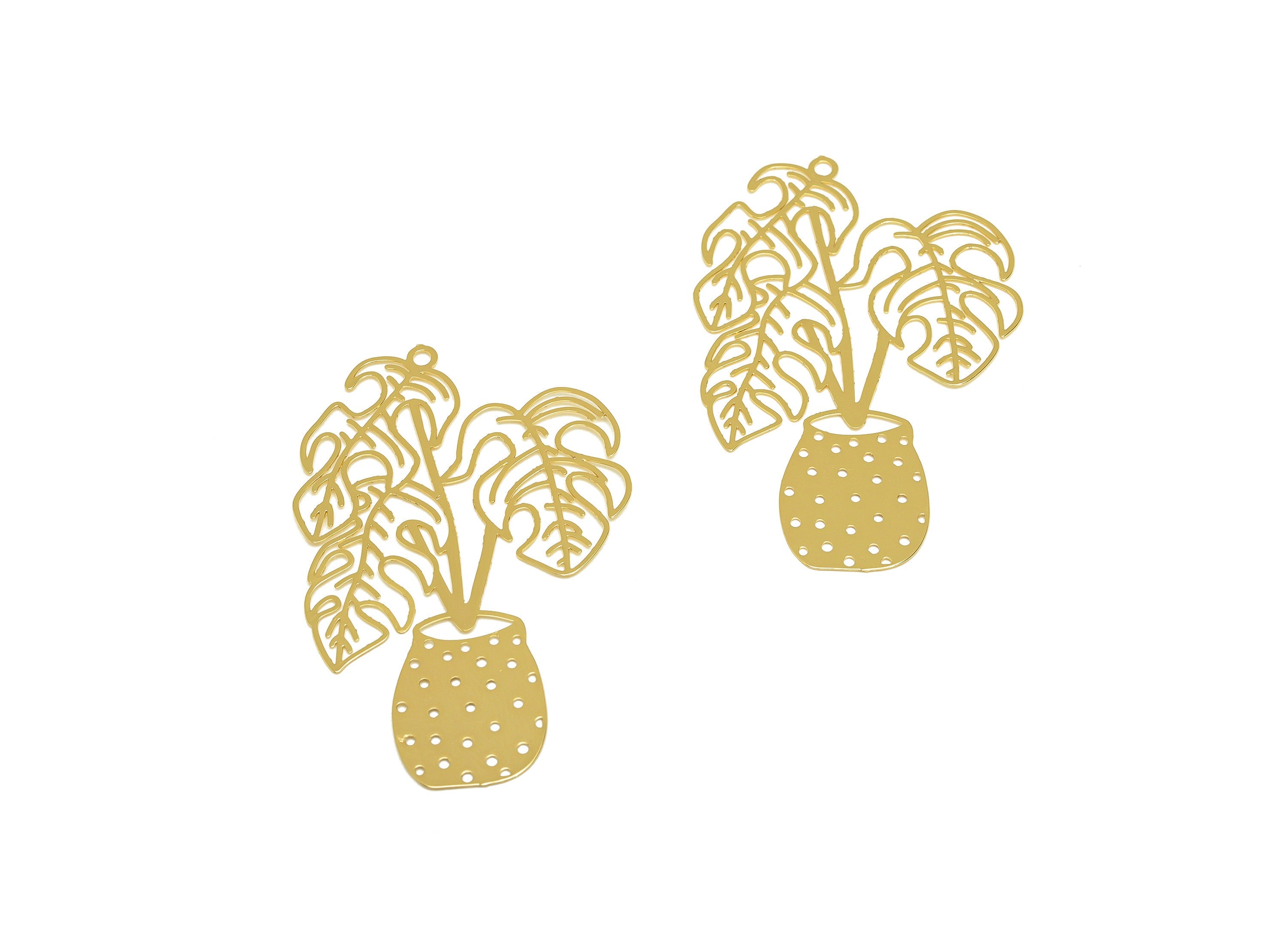 Brass Bouquet Earring Charm - Brass Monstera Earring Charm - Brass Botanical Pendant - 18K Real Gold Plating - 33.44x51.52x0.41mm - RGP7176 - DOMEDBAZAAR
