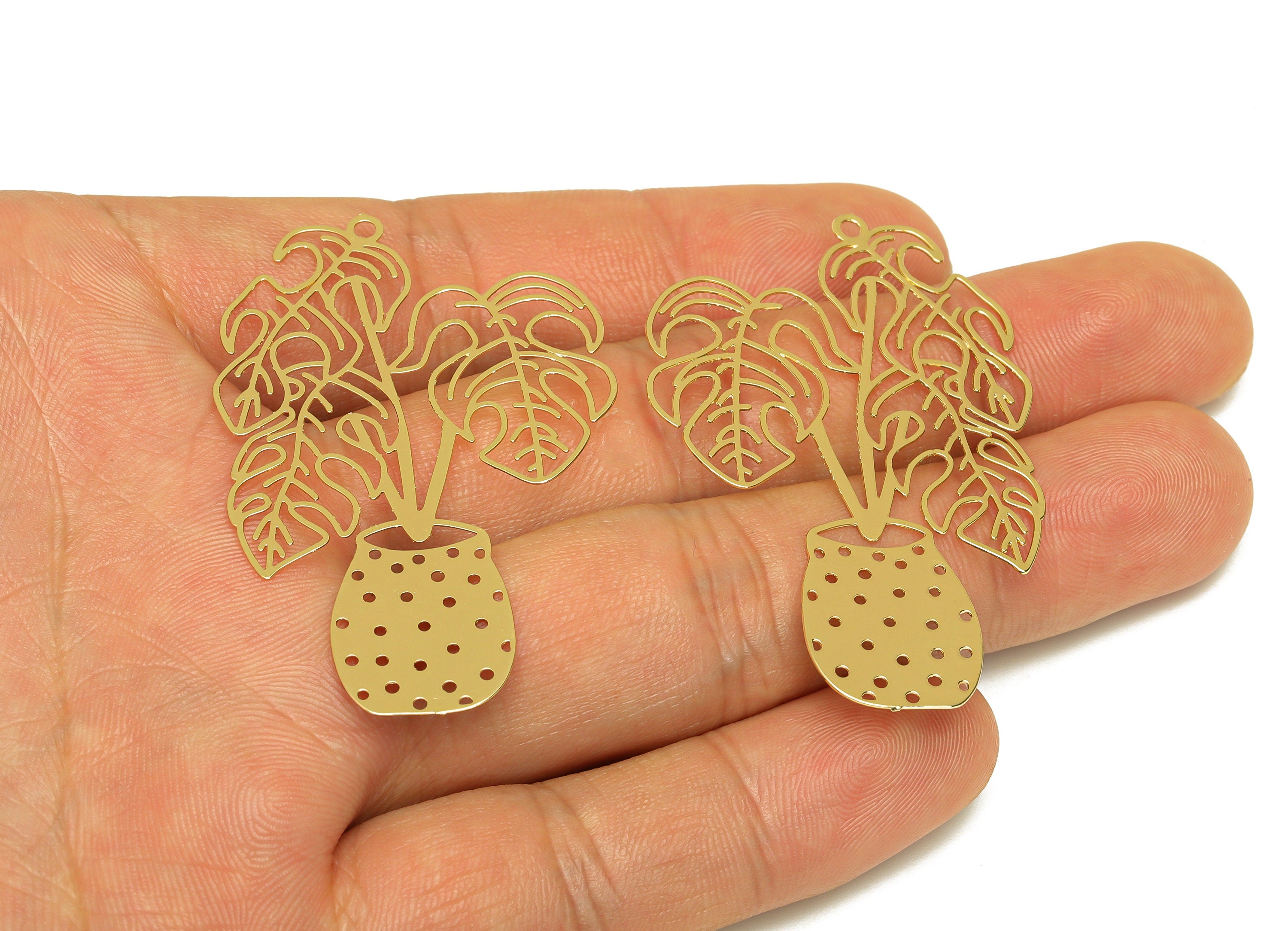 Brass Bouquet Earring Charm - Brass Monstera Earring Charm - Brass Botanical Pendant - 18K Real Gold Plating - 33.44x51.52x0.41mm - RGP7176 - DOMEDBAZAAR