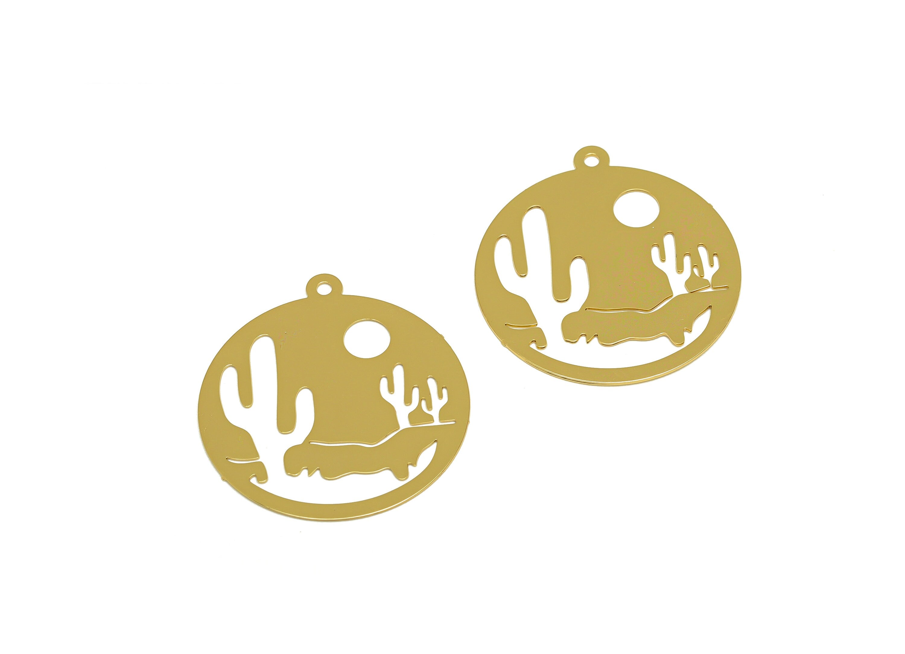 Brass Cactus Earring Charm - Brass Tropical Plant Earring Charm - Desert Botanical Pendant - 18K Real Gold Plating - 27x25x0.3mm- RGP7164 - DOMEDBAZAAR