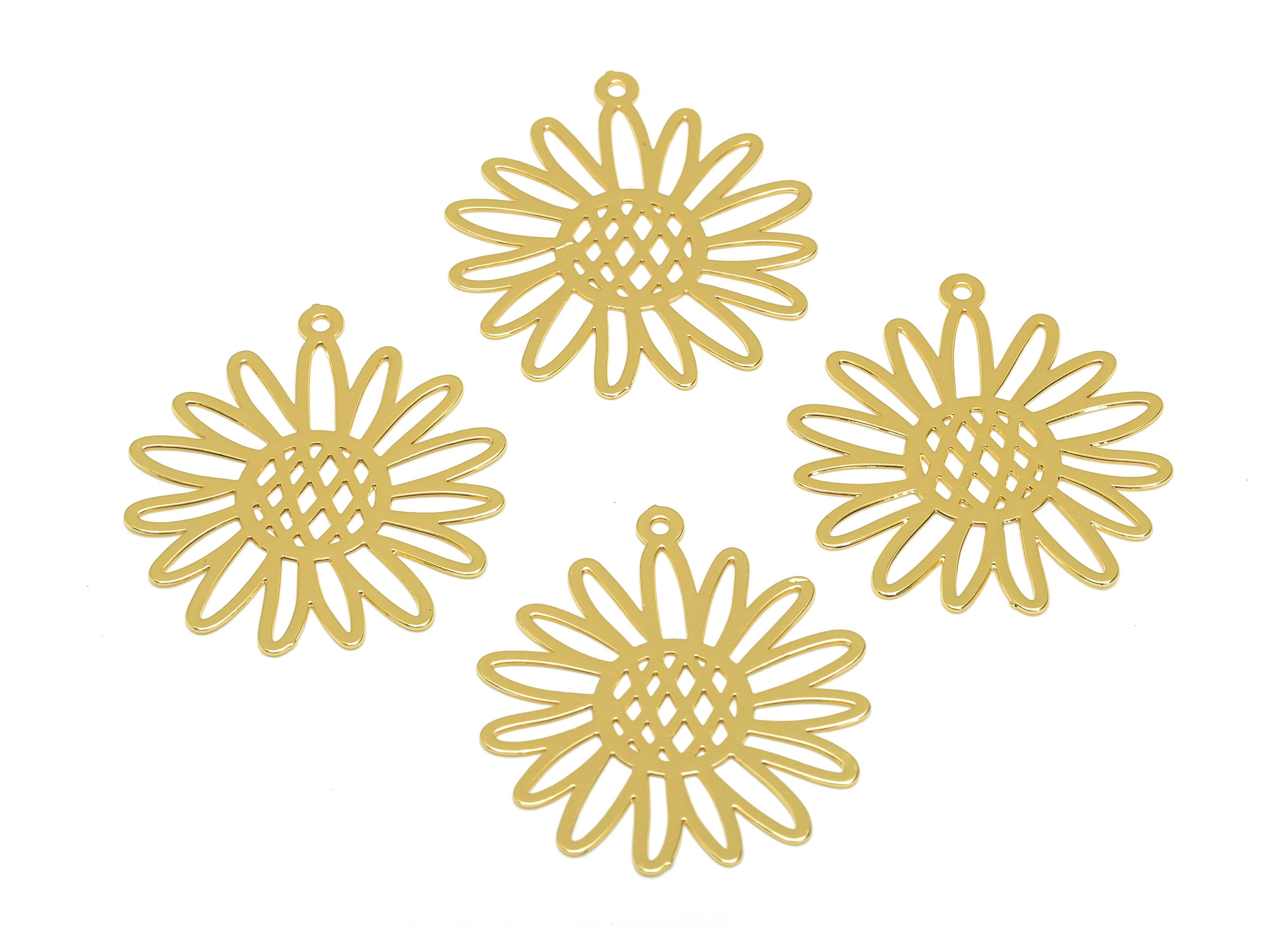 Brass Flower Earring Charm - Brass Hollow Daisy Earring Charm - Brass Botanical Pendant - 18K Real Gold Plating - 25.66x23x0.44mm - RGP7171 - DOMEDBAZAAR