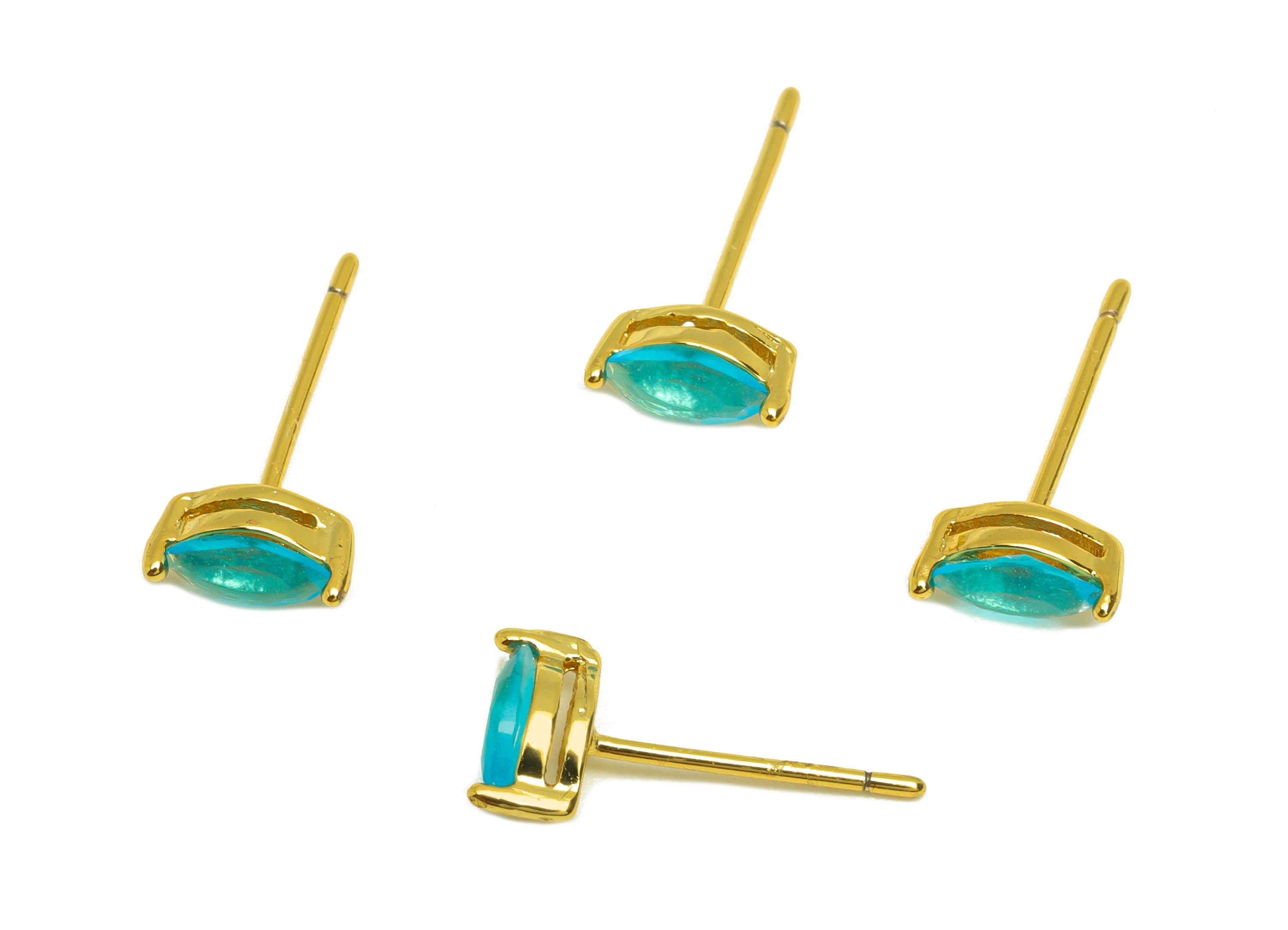 Brass Marquise CZ Earring Stud - Brass Blue Cubic Zircon Earring Post - Geometry Earring Post - 18K Real Gold Plating - 15x7x0.6mm -RGP7180F - DOMEDBAZAAR