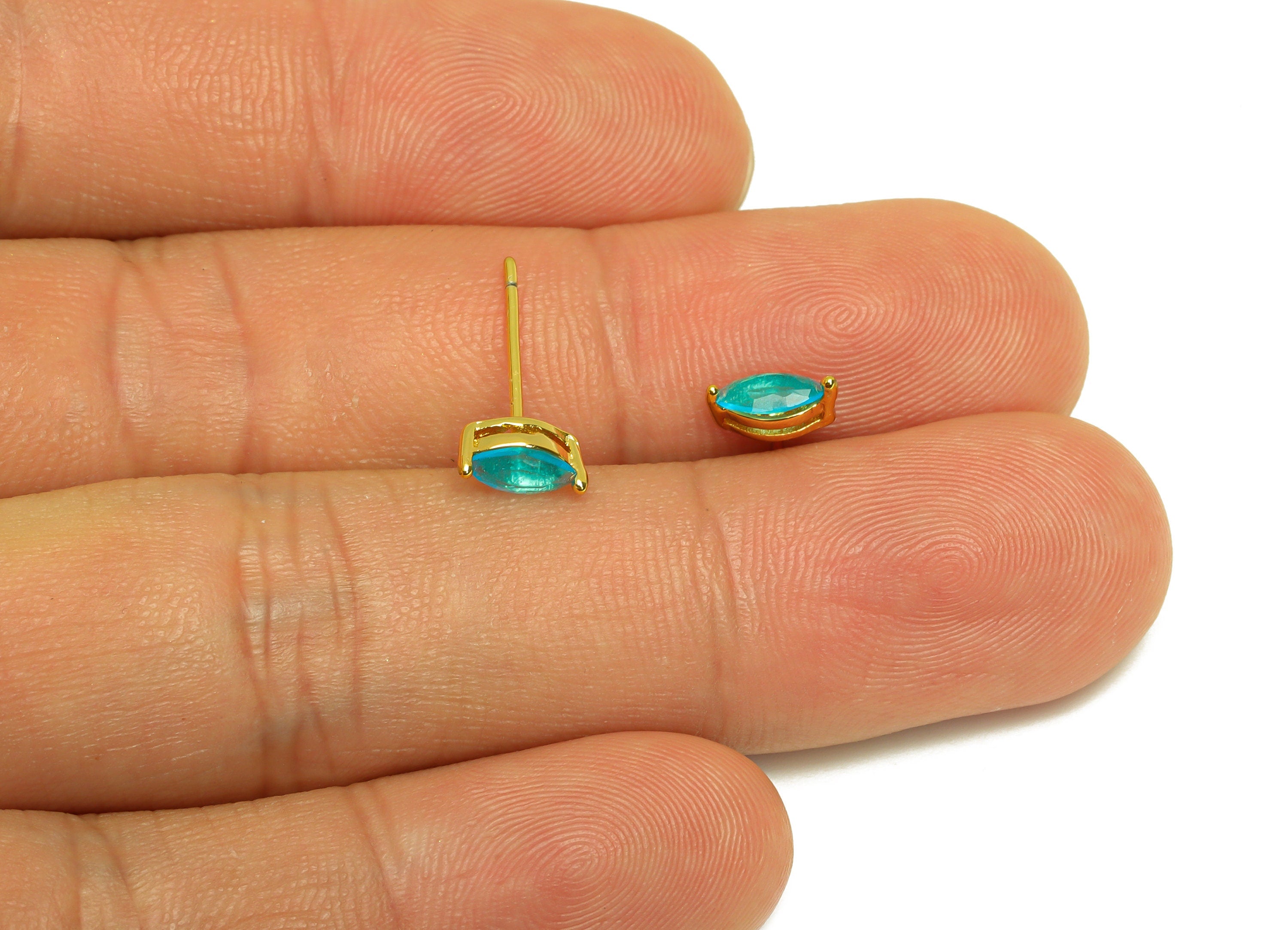 Brass Marquise CZ Earring Stud - Brass Blue Cubic Zircon Earring Post - Geometry Earring Post - 18K Real Gold Plating - 15x7x0.6mm -RGP7180F - DOMEDBAZAAR