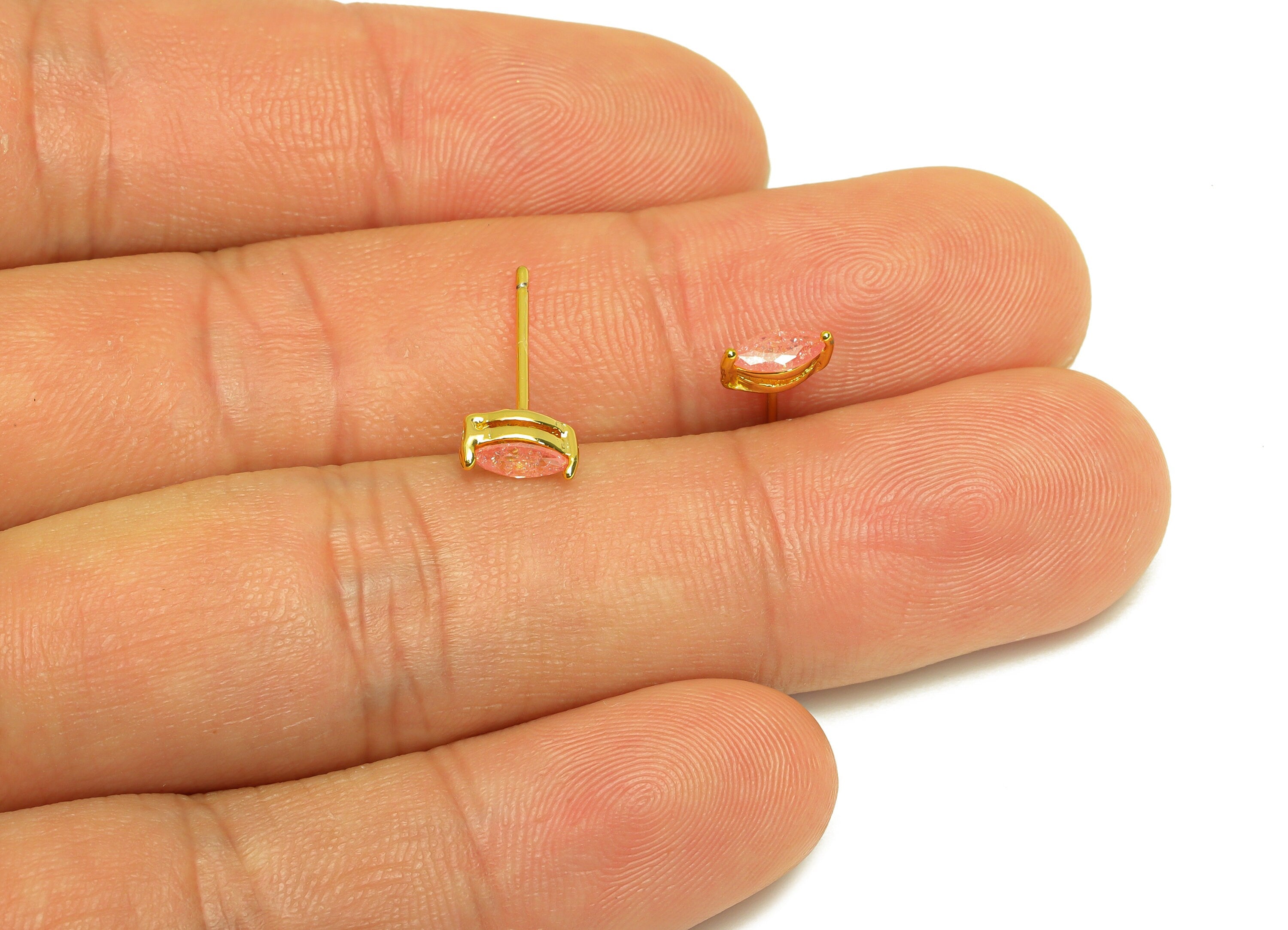 Brass Marquise CZ Earring Stud - Brass Pink Cubic Zircon Earring Post - Geometry Earring Post - 18K Real Gold Plating - 15x7x0.6mm -RGP7180H - DOMEDBAZAAR