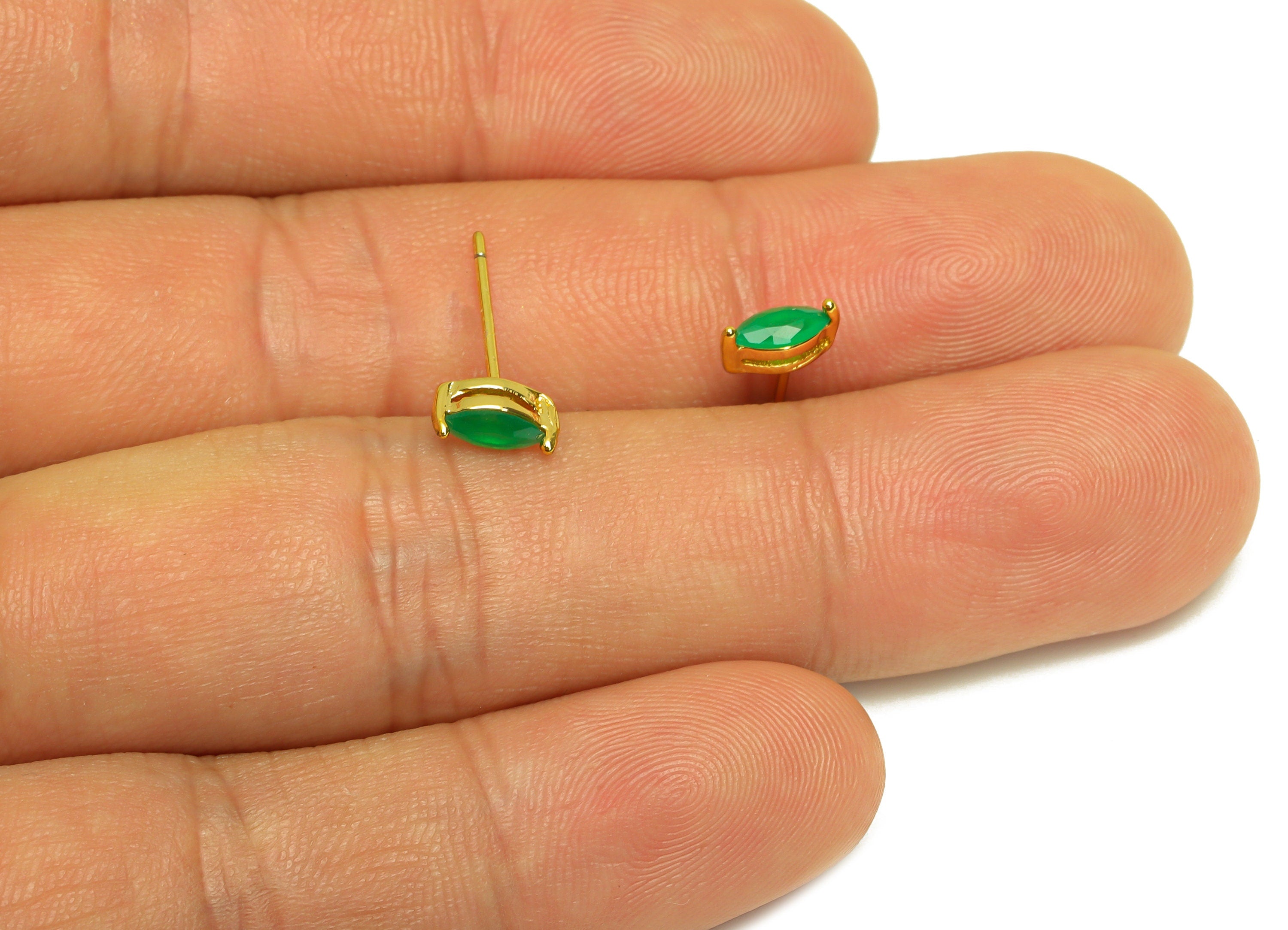 Brass Marquise CZ Earring Stud - Brass Green Cubic Zircon Earring Post - Geometry Earring Post - 18K Real Gold Plating - 15x7x0.6mm-RGP7180D - DOMEDBAZAAR