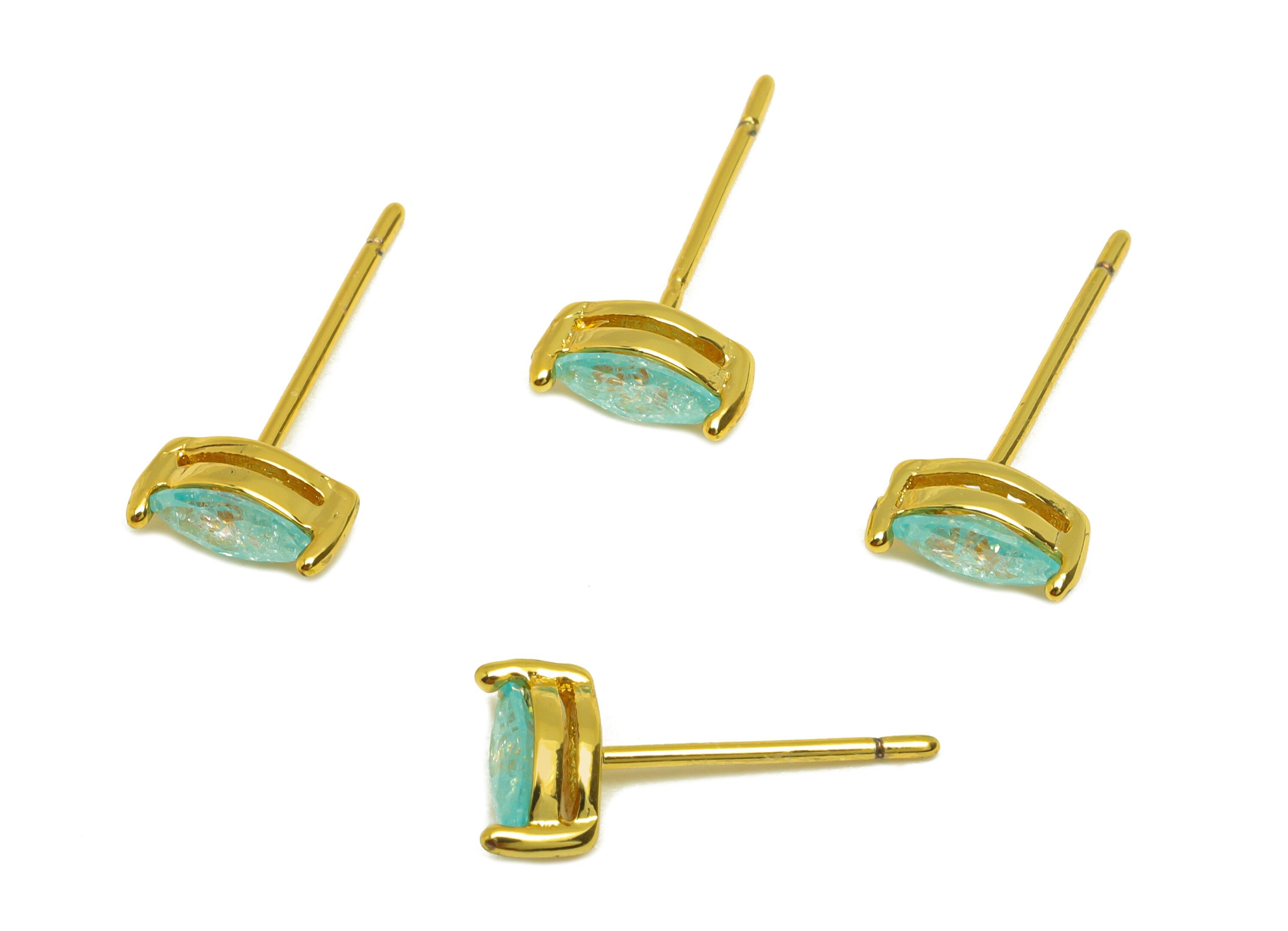 Brass Marquise Earring Stud - Brass Crystal Blue Zircon Earring Post - Geometry Earring Post - 18K Real Gold Plating - 15x7x0.6mm -RGP7180E - DOMEDBAZAAR
