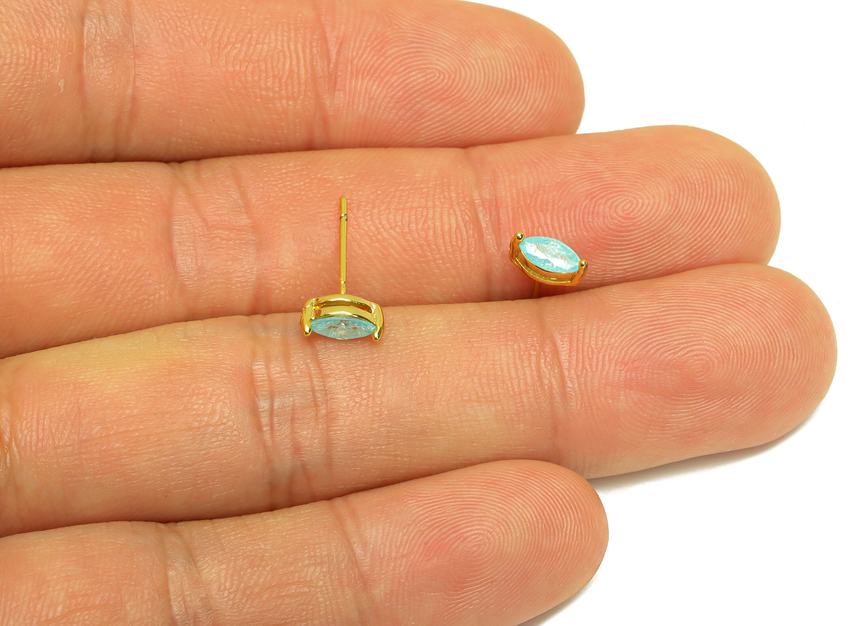 Brass Marquise Earring Stud - Brass Crystal Blue Zircon Earring Post - Geometry Earring Post - 18K Real Gold Plating - 15x7x0.6mm -RGP7180E - DOMEDBAZAAR