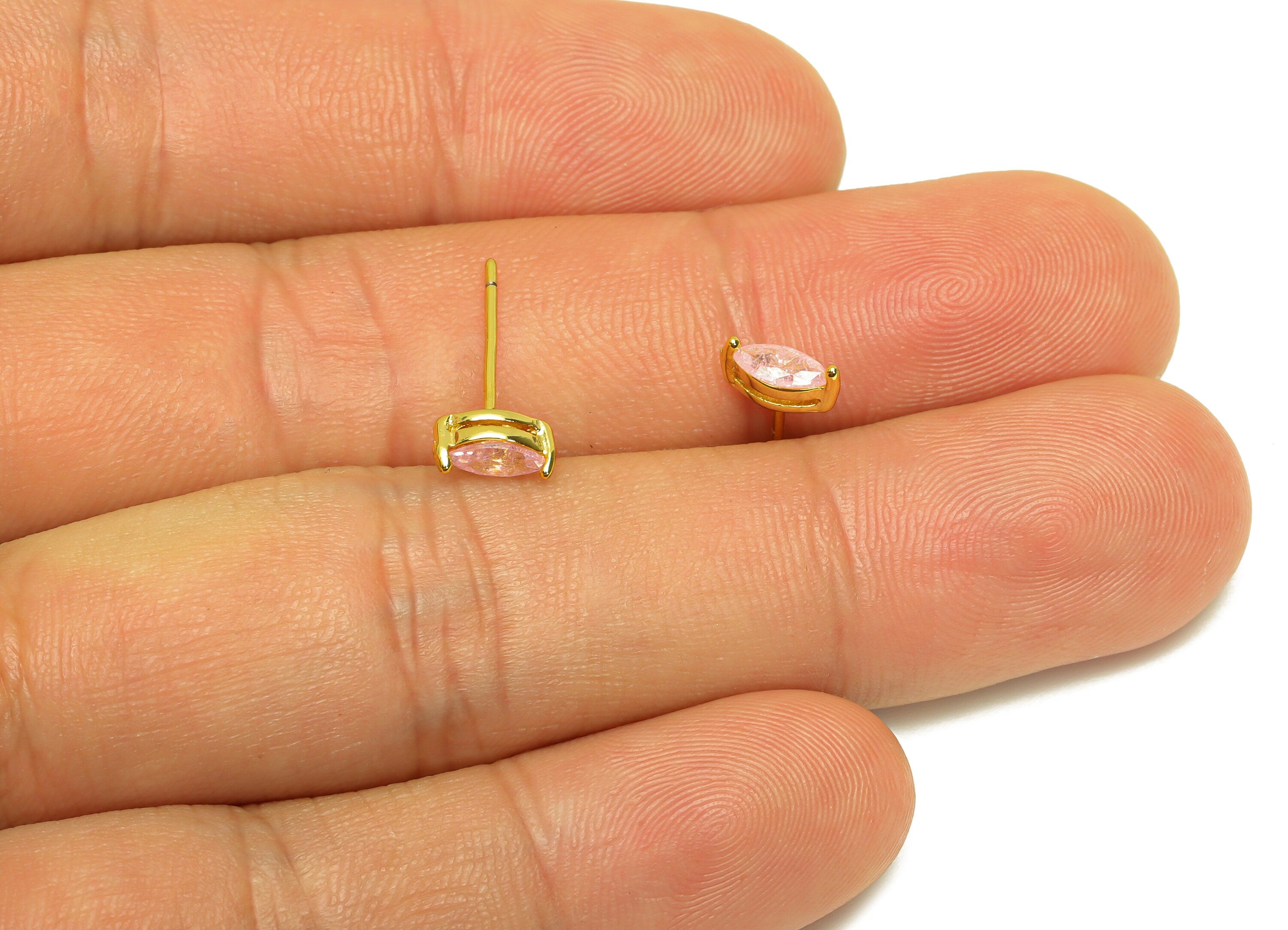 Brass Marquise Earring Stud - Brass Crystal Pink Zircon Earring Post - Geometry Earring Post - 18K Real Gold Plating - 15x7x0.6mm-RGP7180C - DOMEDBAZAAR