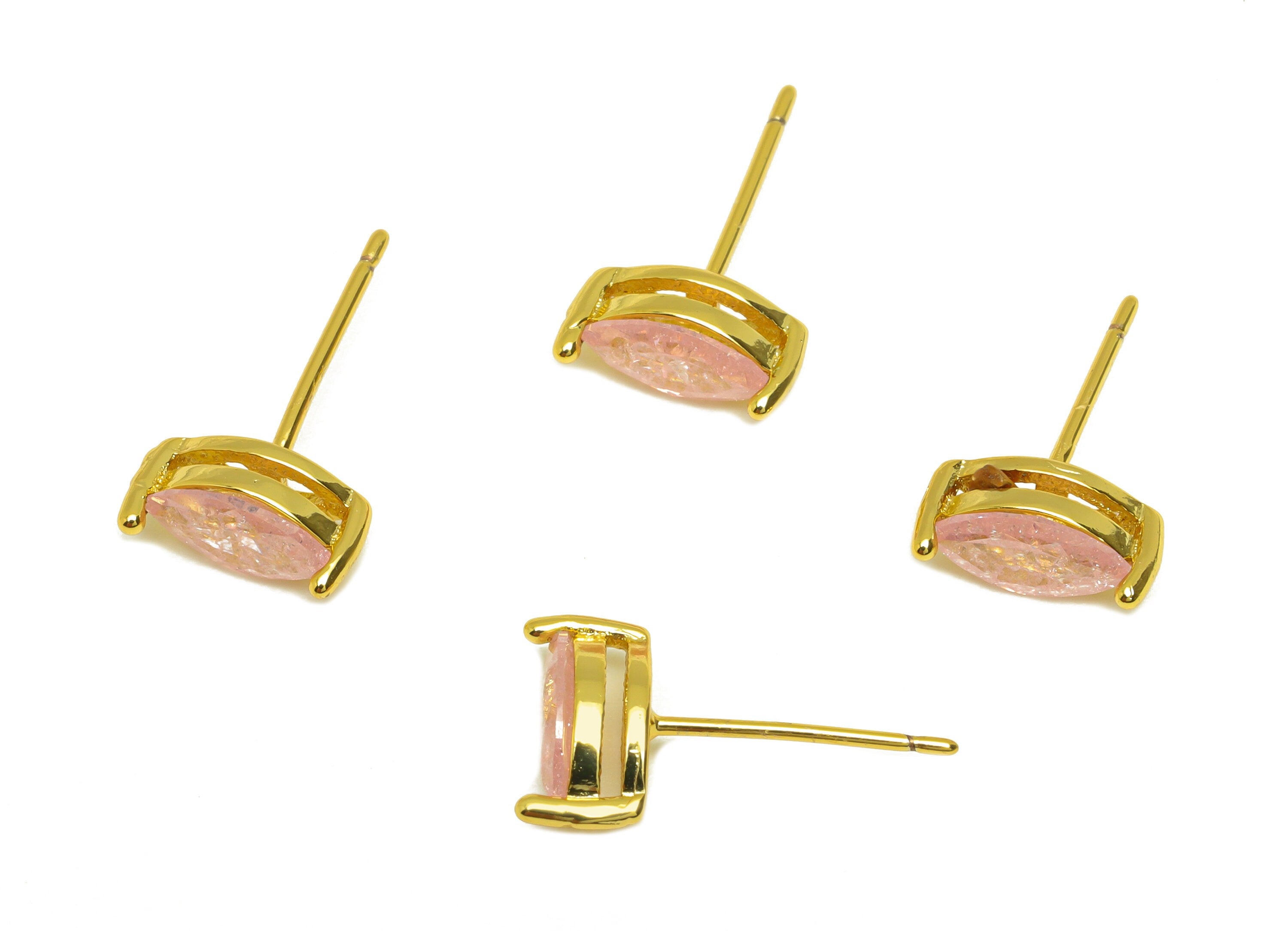 Brass Marquise CZ Earring Stud - Brass Crystal Pink Zircon Earring Post - Geometry Earring Post - 18K Real Gold Plating - 16x9x1mm -RGP7181A - DOMEDBAZAAR