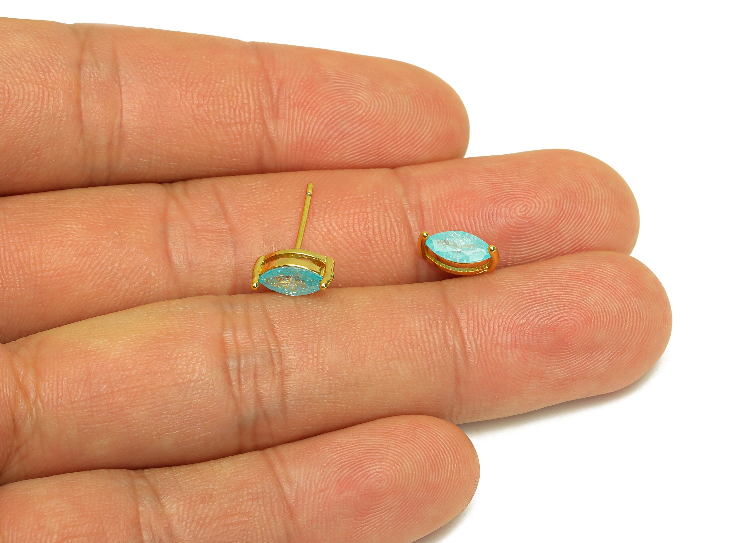 Brass Marquise CZ Earring Stud - Brass Blue Cubic Zircon Earring Post - Geometry Earring Post - 18K Real Gold Plating - 16x9x0.76mm-RGP7181C - DOMEDBAZAAR