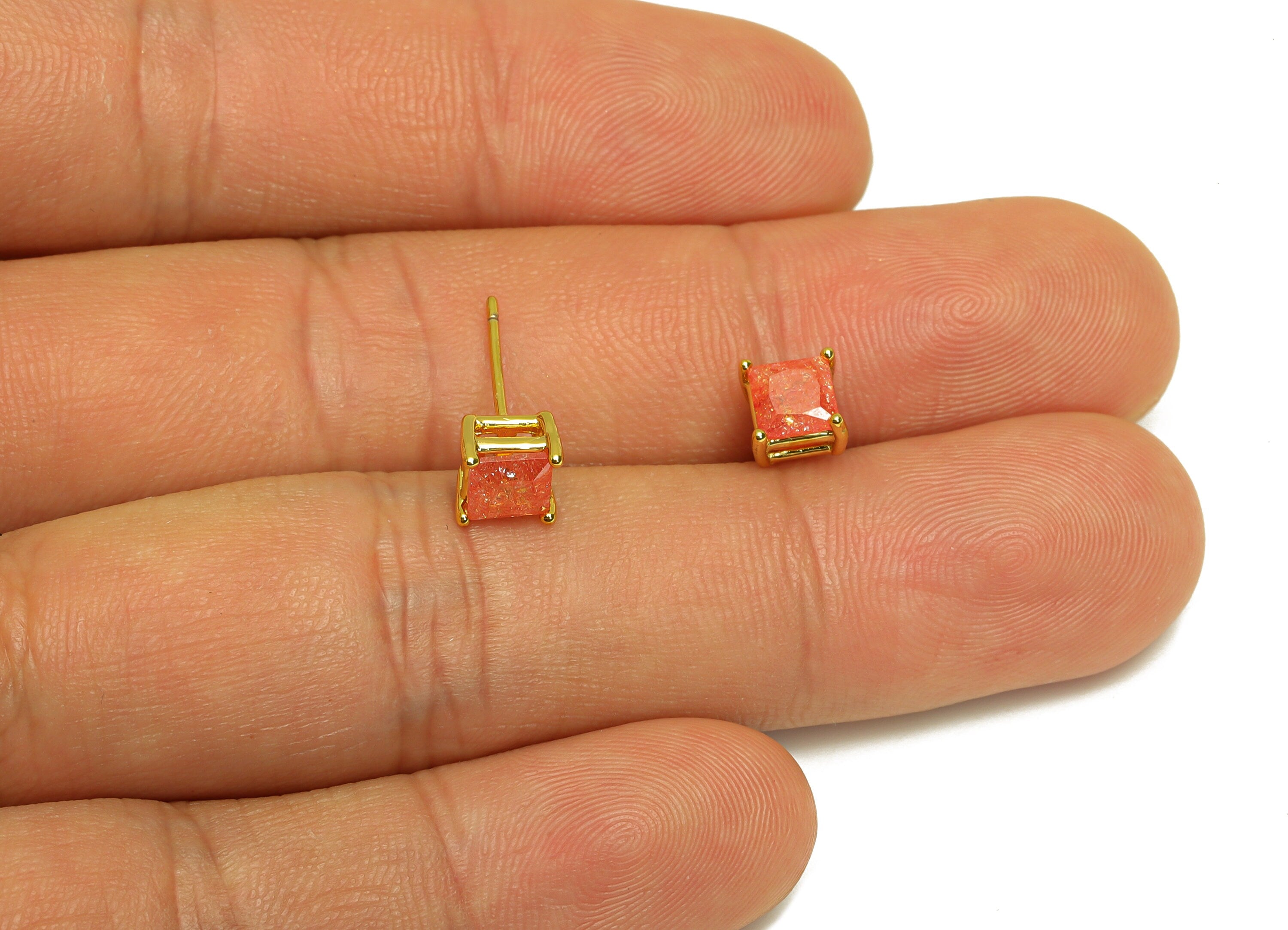 Brass Square CZ Earring Stud - Brass Pink Cubic Zircon Earring Post - Geometry Earring Post - 18K Real Gold Plating - 16x6x0.66mm - RGP7183A - DOMEDBAZAAR