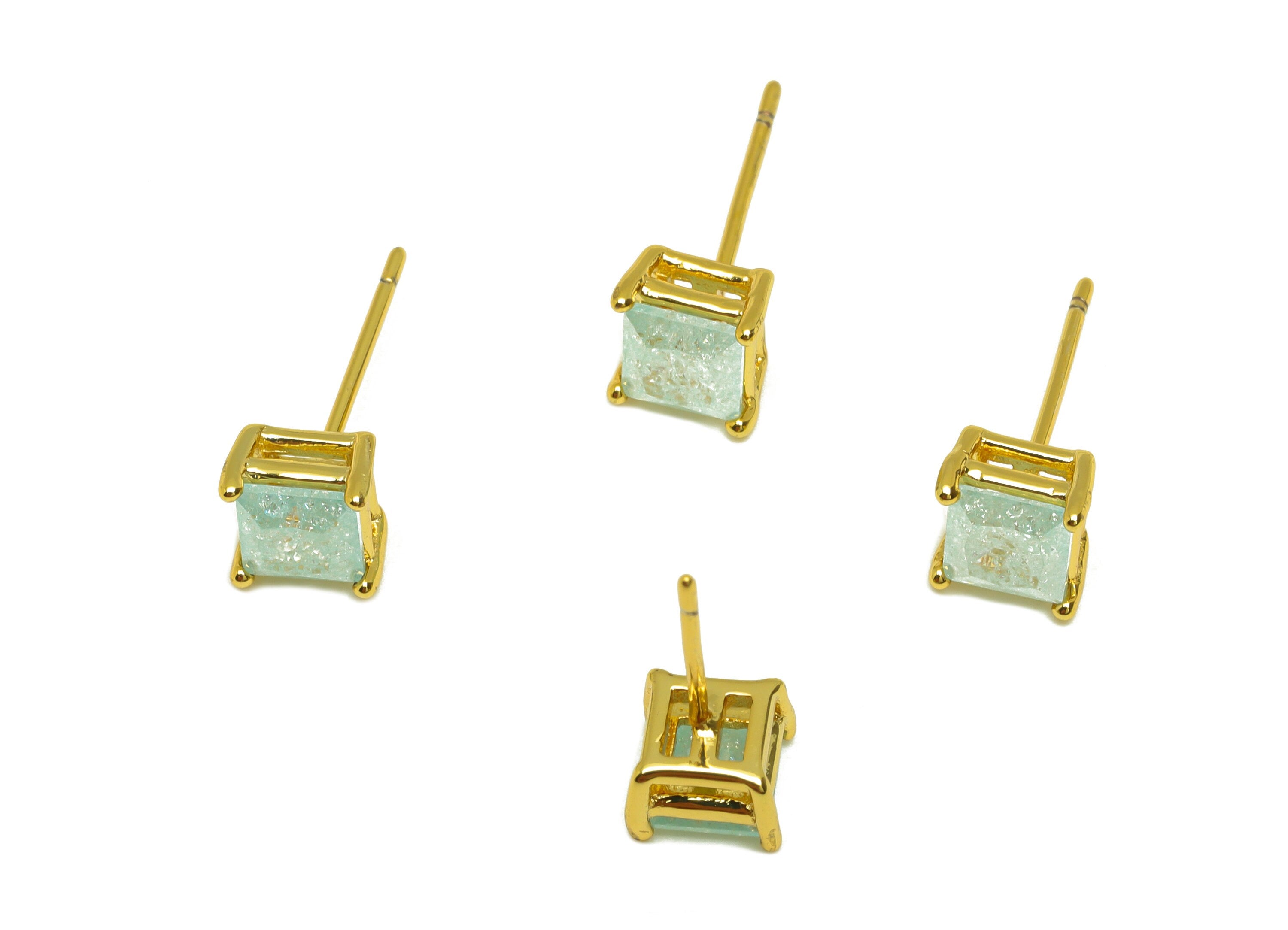 Brass Square CZ Earring Stud - Brass Crystal Blue Zircon Earring Post - Geometry Earring Post - 18K Real Gold Plating - 16x6x0.66mm-RGP7183B - DOMEDBAZAAR