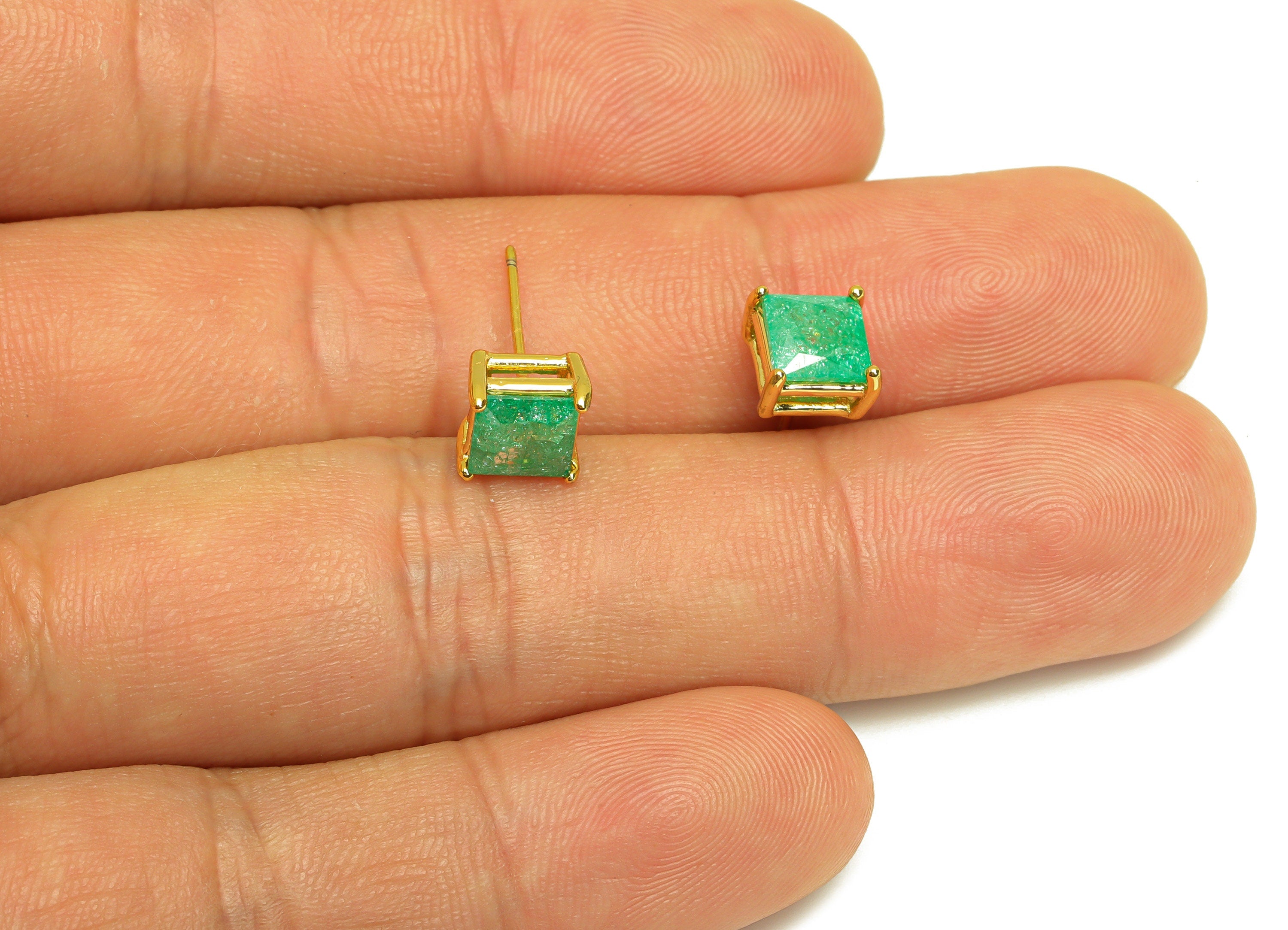 Brass Square CZ Earring Stud - Brass Green Cubic Zircon Earring Post - Geometry Earring Post - 18K Real Gold Plating - 16x7x0.7mm - RGP7184D - DOMEDBAZAAR