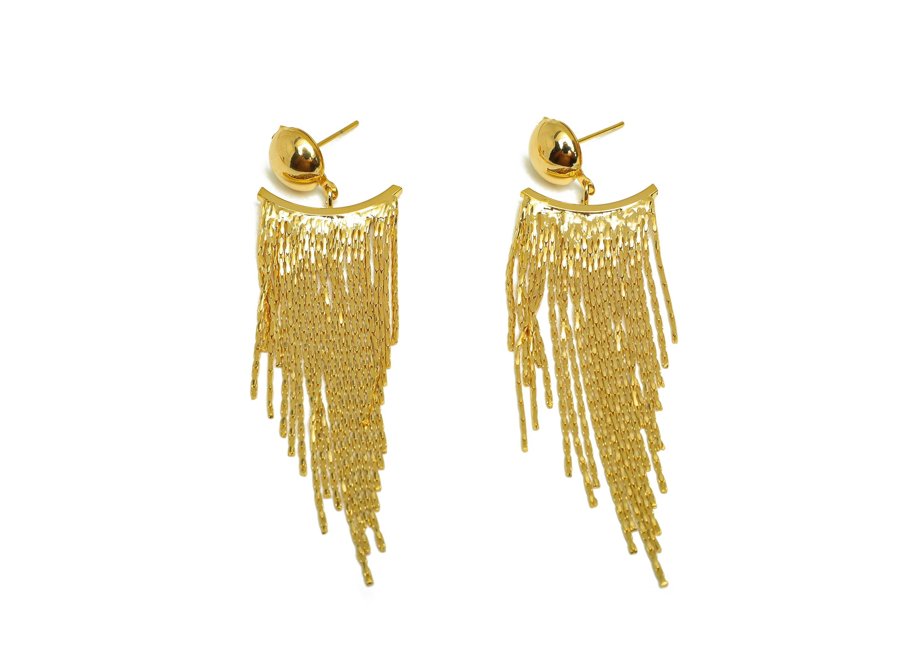 Brass Tassel Earring Stud - Bead Tassel Earring Post - Zircon Bent Snake Chain Tassel Post - 18K Real Gold Plated - 72.57x20x4.3mm - RGP7521 - DOMEDBAZAAR