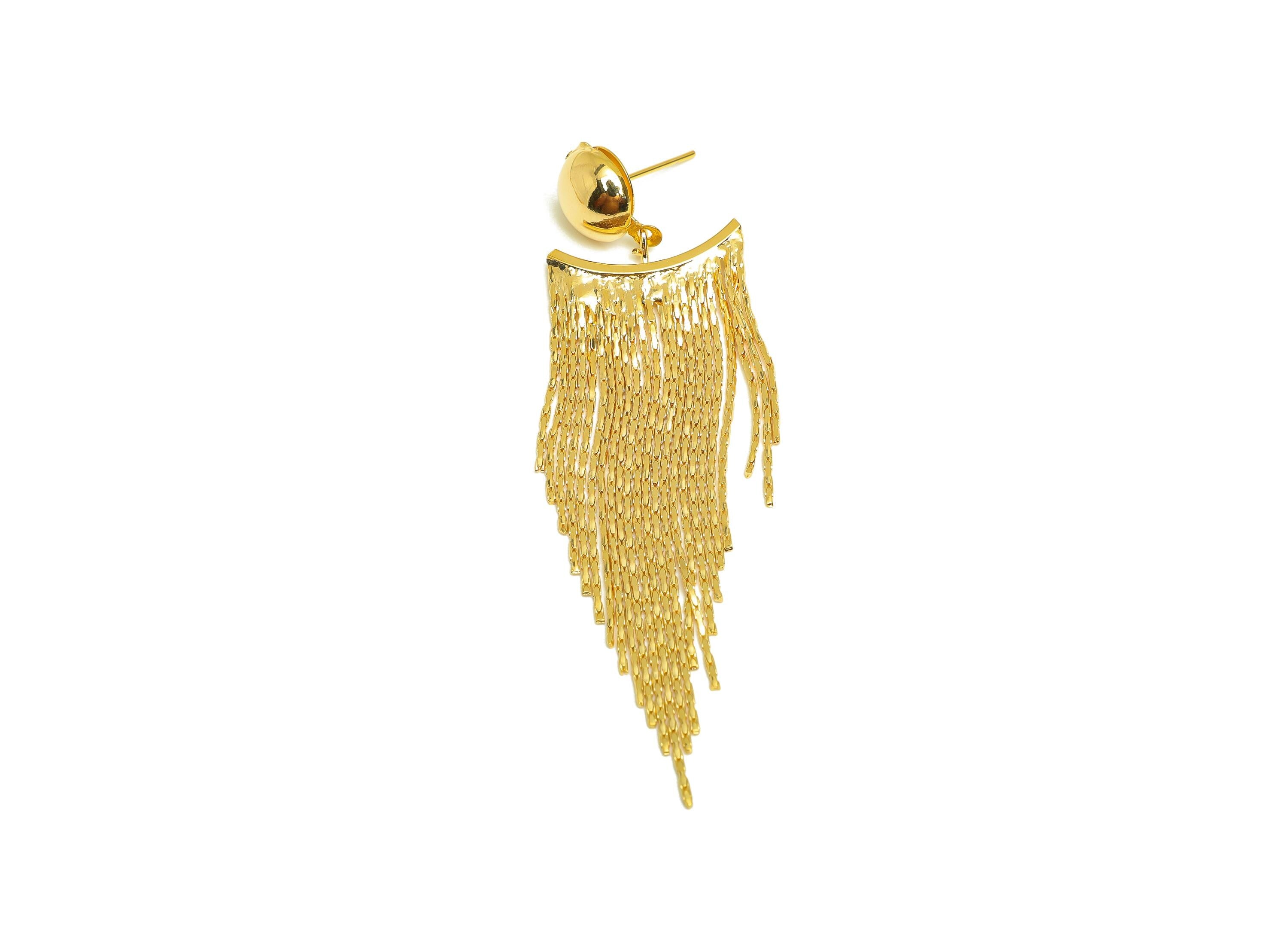 Brass Tassel Earring Stud - Bead Tassel Earring Post - Zircon Bent Snake Chain Tassel Post - 18K Real Gold Plated - 72.57x20x4.3mm - RGP7521 - DOMEDBAZAAR