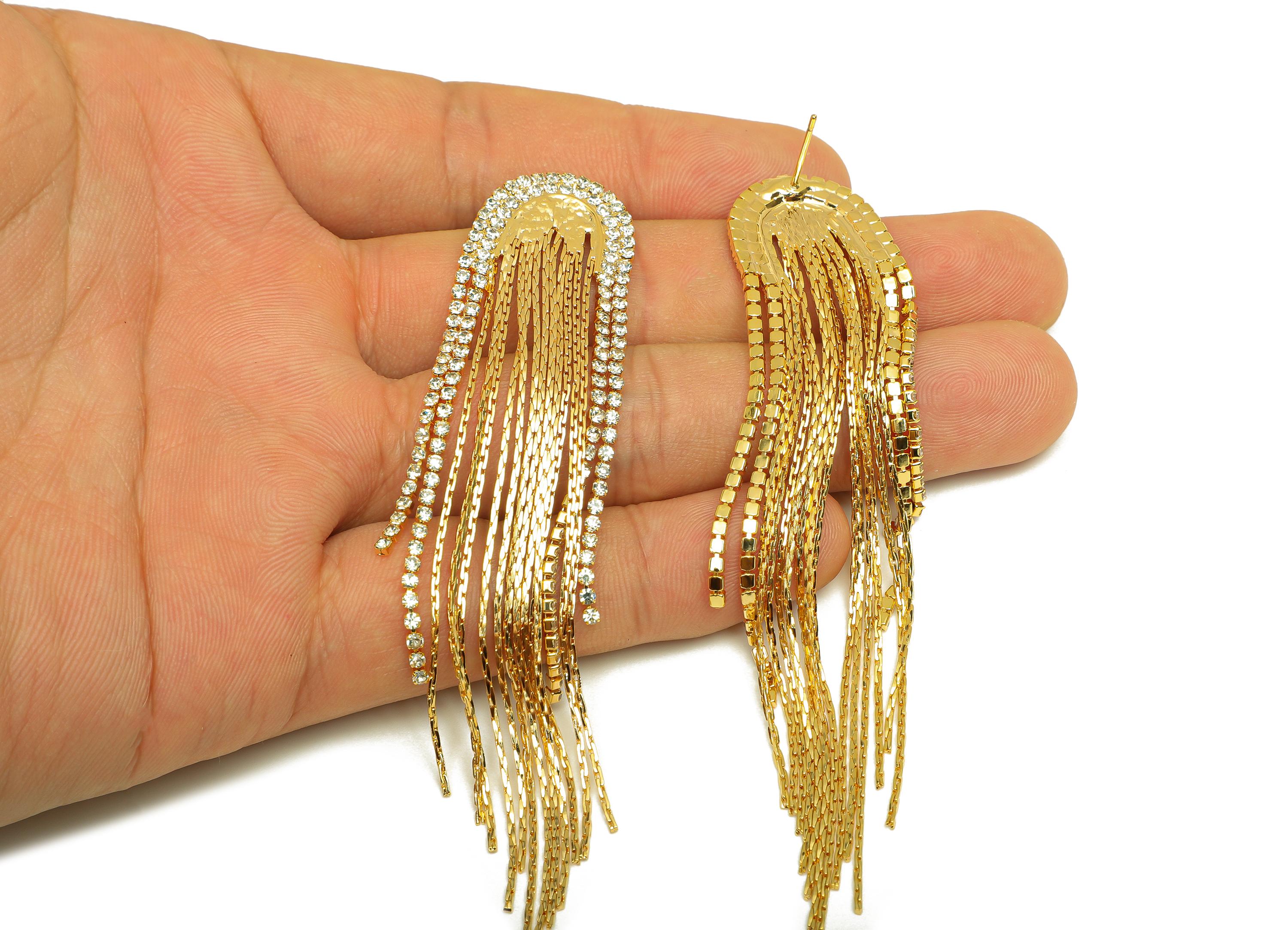 Brass Tassel Earring Stud - Brass Domed Tassel Earring Post - Zircon Snake Chain Tassel Post - 18K Real Gold Plated - 98x18x1.58mm - RGP7518 - DOMEDBAZAAR