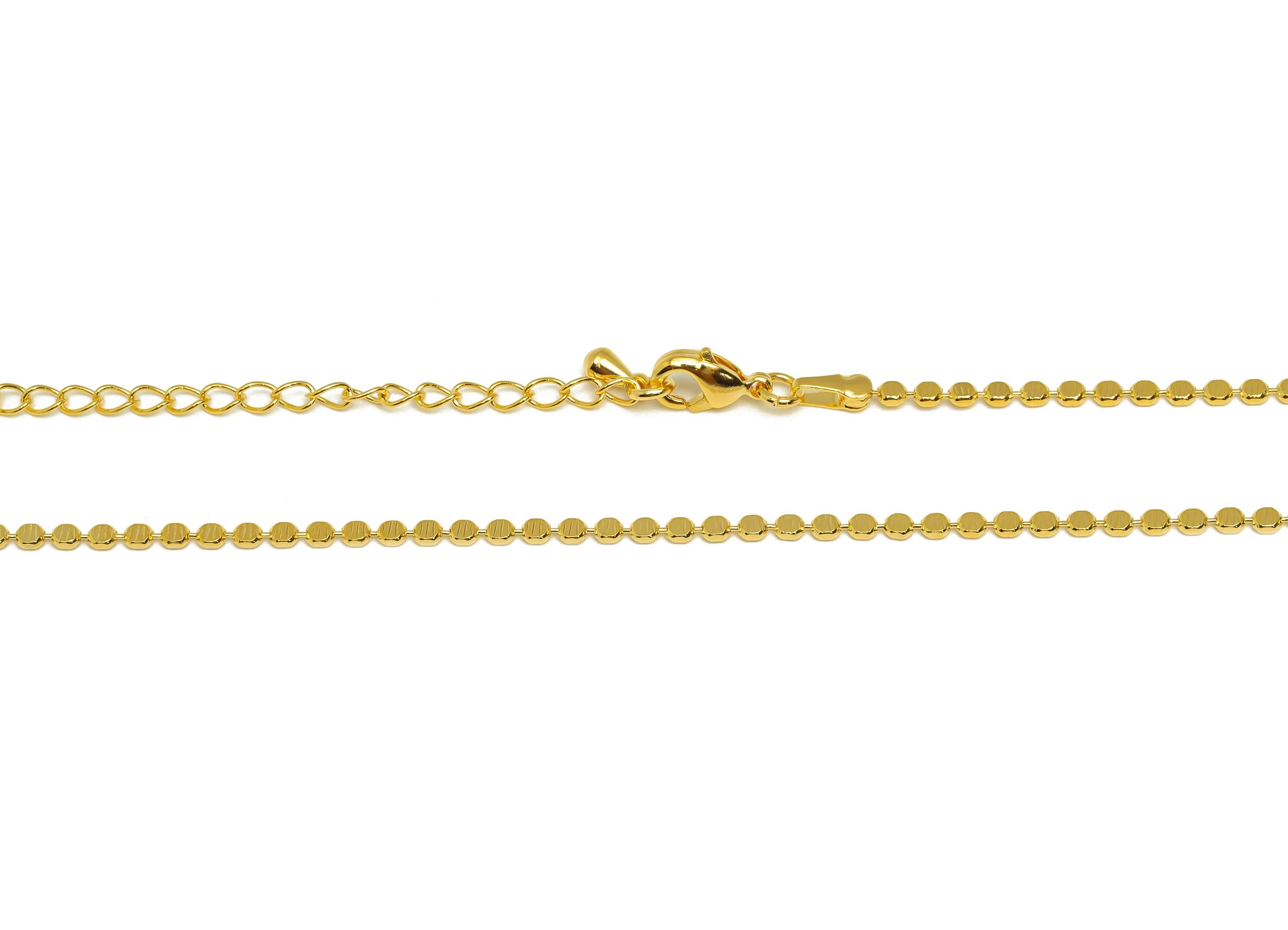 2mm Finished Textured Ball Chain - Gold 43+5.5cm Beaded Chain Pellet - Brass Flat Round Chain - For Necklace - 18K Real Gold Plating-RGP7478 - DOMEDBAZAAR