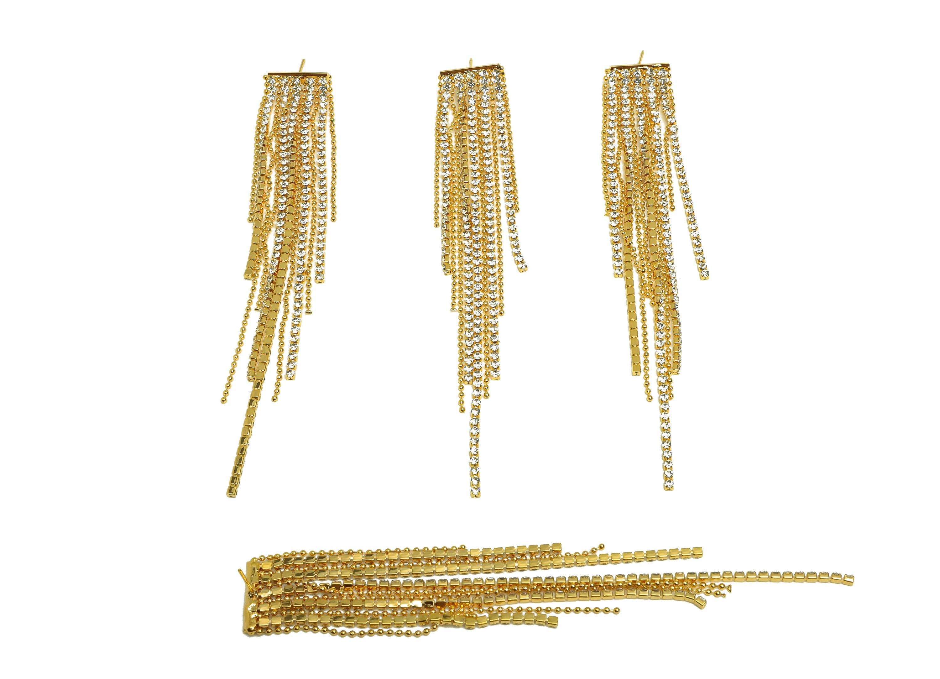 Brass Tassel Earring Stud - Brass CZ Tassel Earring Post - Zircon Tassel Beaded Chain Post - 18K Real Gold Plated - 127x17x1.9mm - RGP7519 - DOMEDBAZAAR