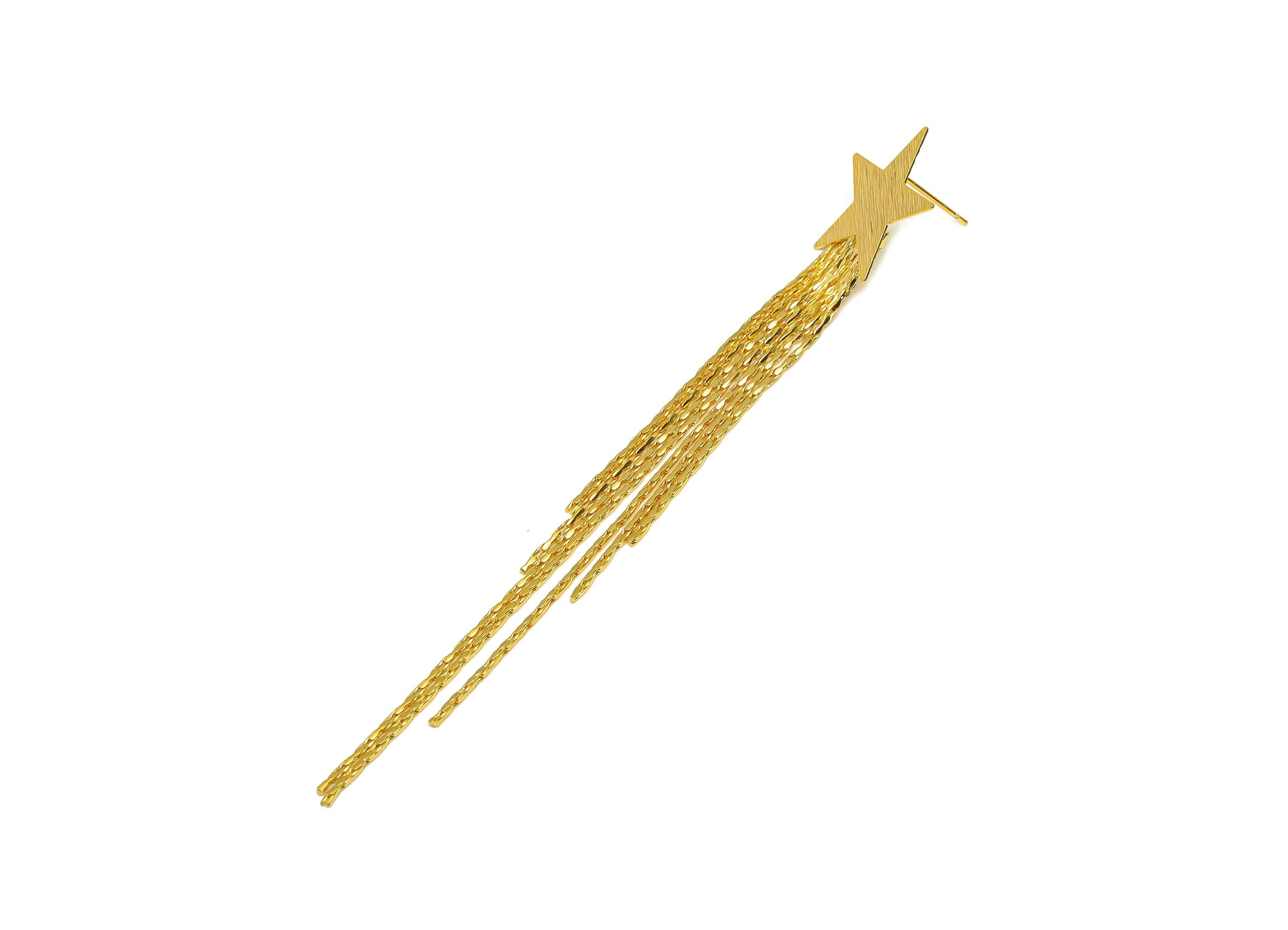Brass Tassel Star Earring - Textured Star Tassel Earring Post - Gold Snake Chian Ear Stud- 18K Real Gold Plated - 106.48x20x0.85mm - RGP7492 - DOMEDBAZAAR