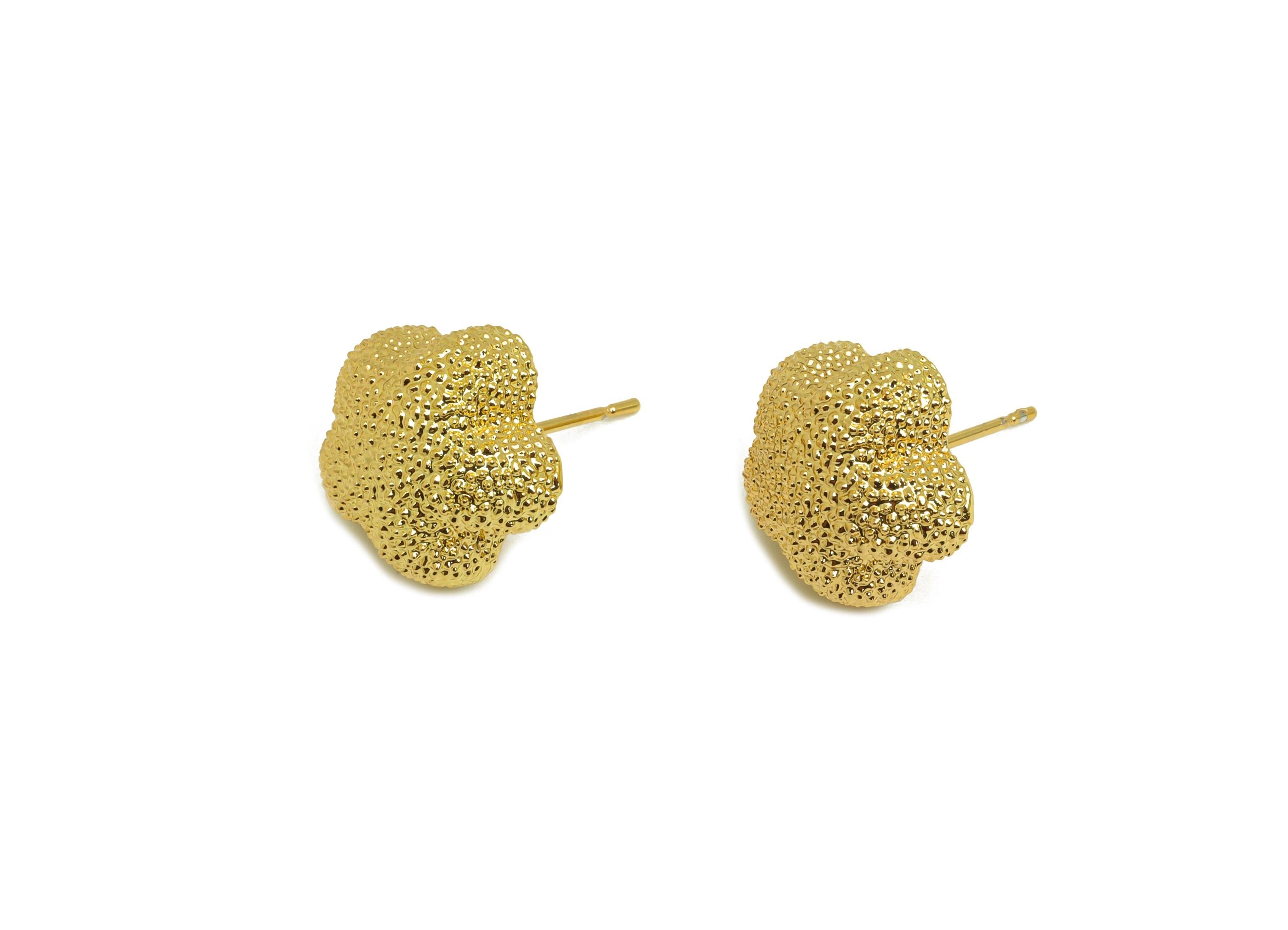 Brass Flower Earring Stud - Textured Botanical Earring Post - Flower Frosted Earring Post - 18K Real Gold Plating - 18x14x7mm - RGP7752 - DOMEDBAZAAR