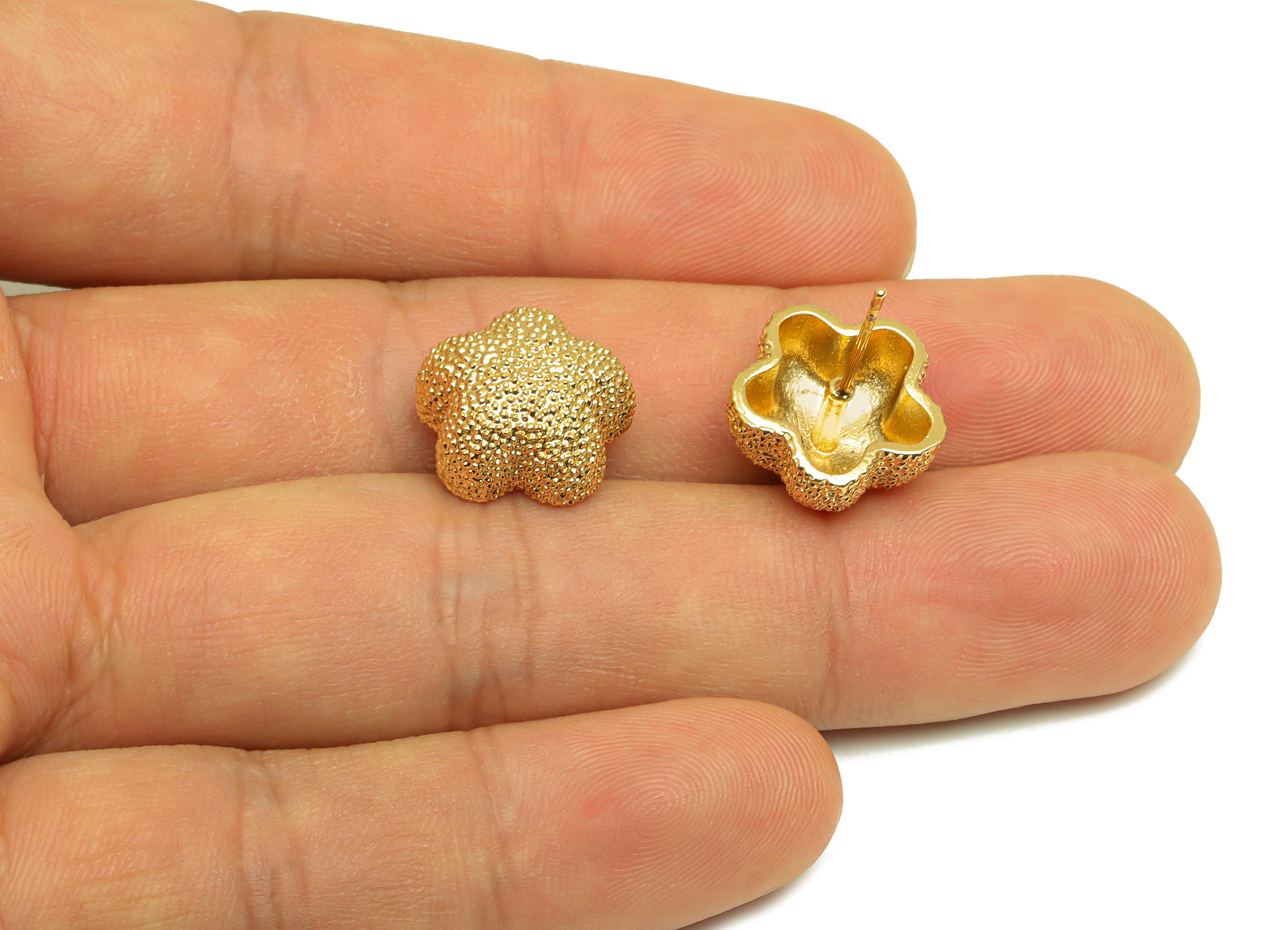 Brass Flower Earring Stud - Textured Botanical Earring Post - Flower Frosted Earring Post - 18K Real Gold Plating - 18x14x7mm - RGP7752 - DOMEDBAZAAR