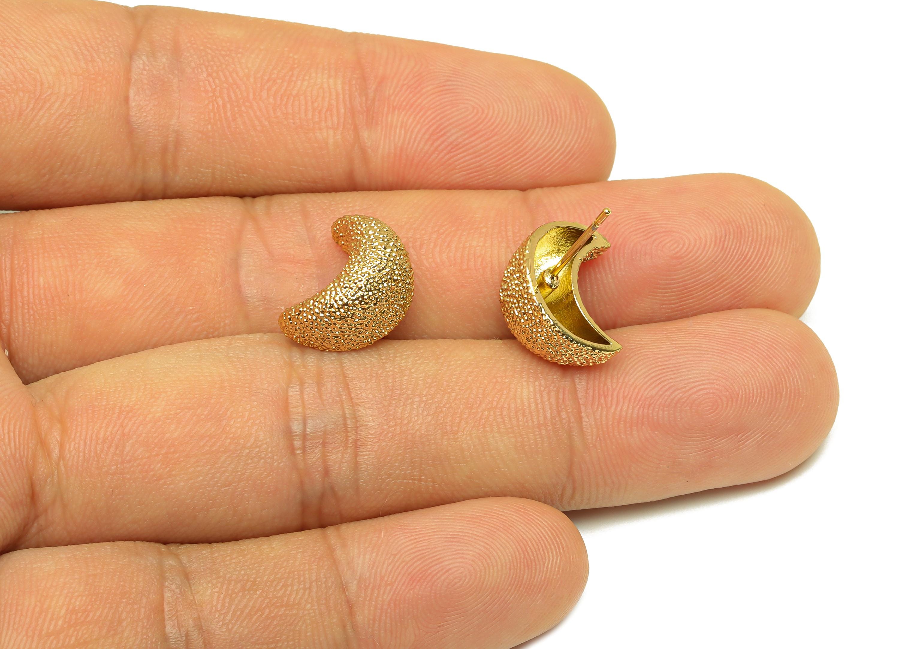 Brass Crescent Earring Stud - Textured Moon Earring Post - Frosted Moon Earring Post - 18K Real Gold Plating - 18x6x7.05mm - RGP7751 - DOMEDBAZAAR