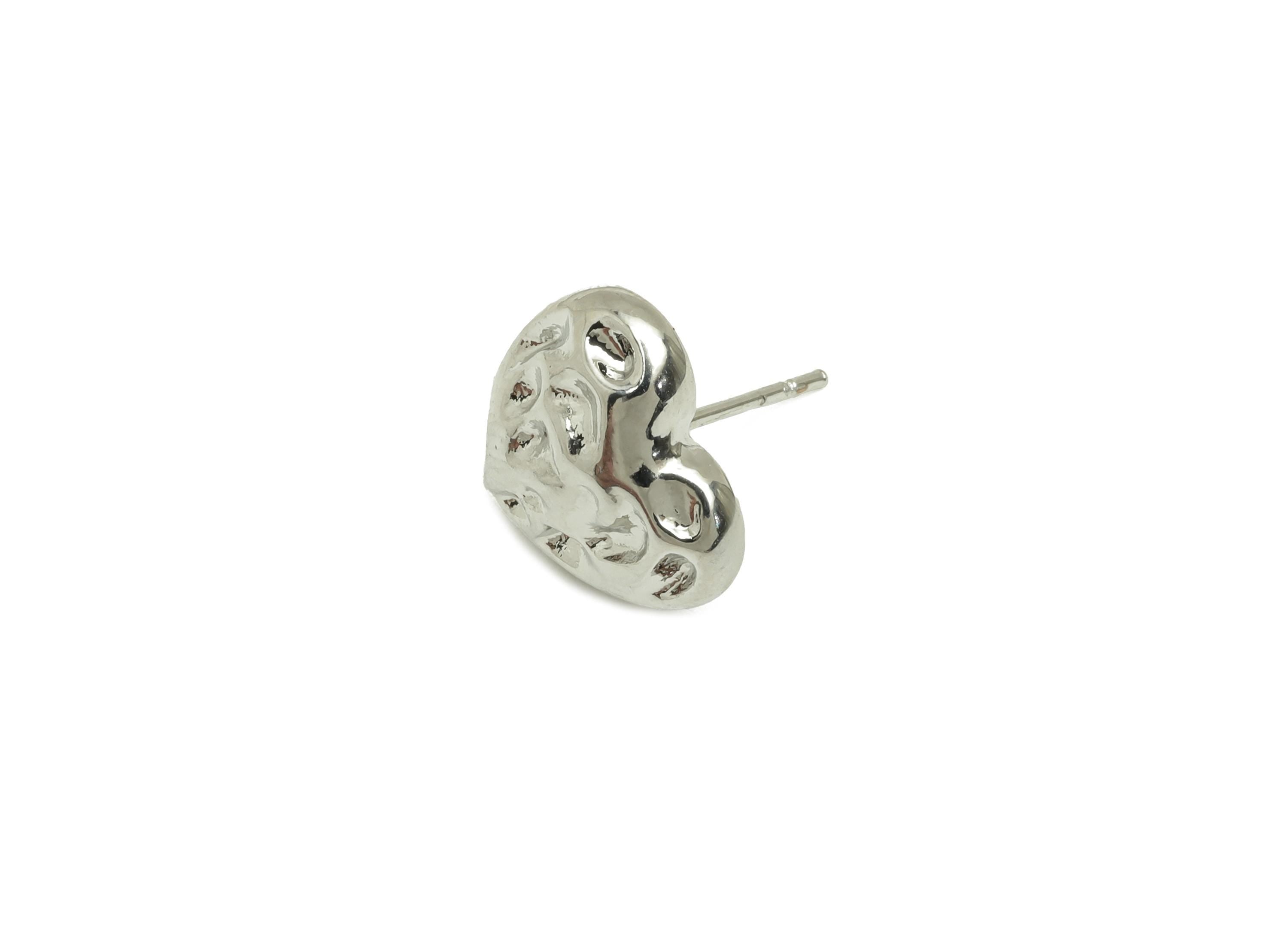 Brass Heart Earring Stud - Hammered Heart Earring Post - Textured Heart Earring Post - 18K Real White Gold Plating - 15x11.15x12mm - RGP7763 - DOMEDBAZAAR