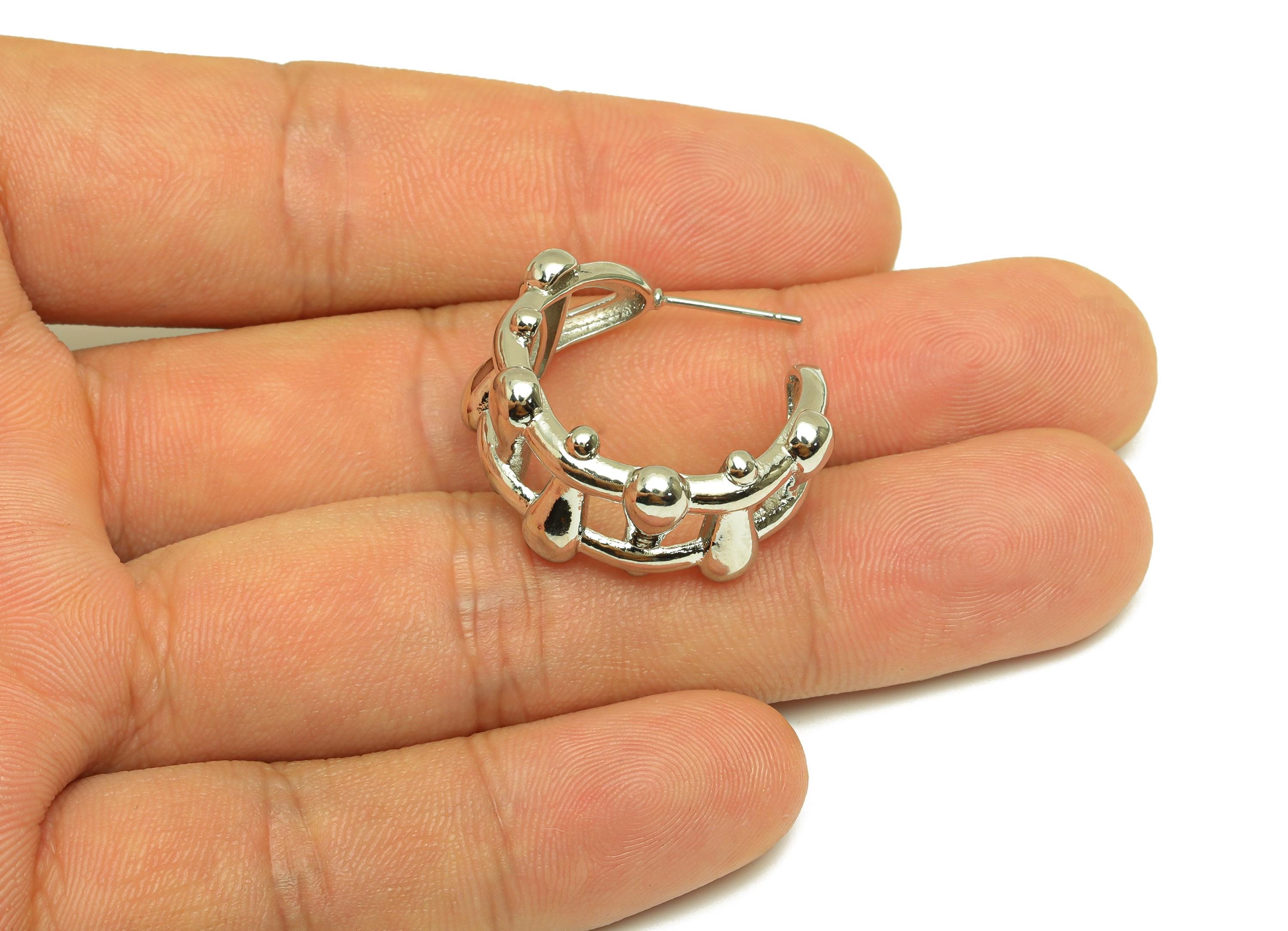 Brass Hoop Earring Stud - Brass Open Hoop Earring Post - Brass Wide Hoop Earring Post - 18K Real White Gold Plating - 25x25x11.6mm - RGP7769 - DOMEDBAZAAR