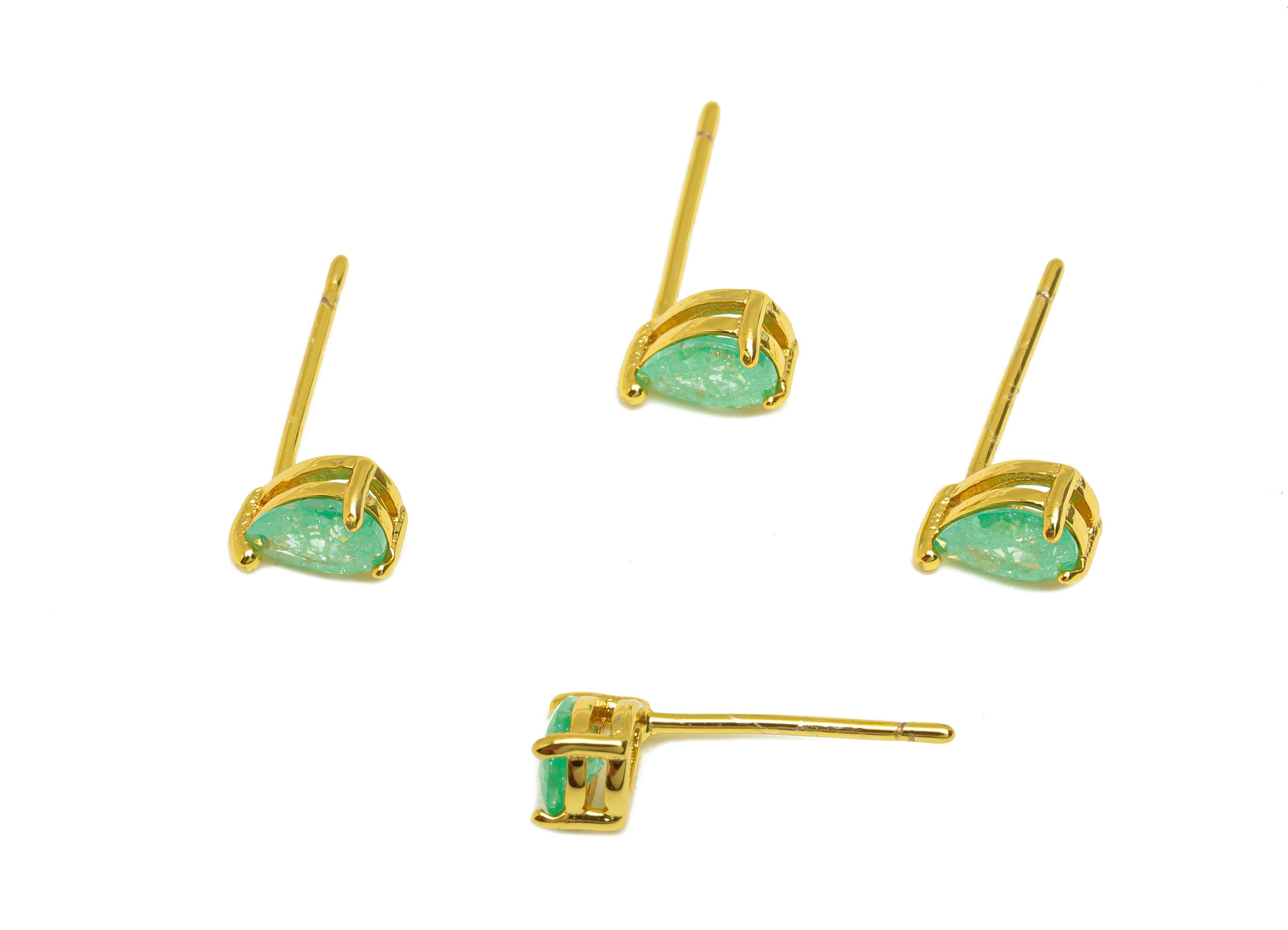 Brass Teardrop CZ Earring Stud - Brass Green Cubic Zircon Earring Post - Drop Earring Post - 18K Real Gold Plating - 15x4x0.74mm - RGP7186D - DOMEDBAZAAR