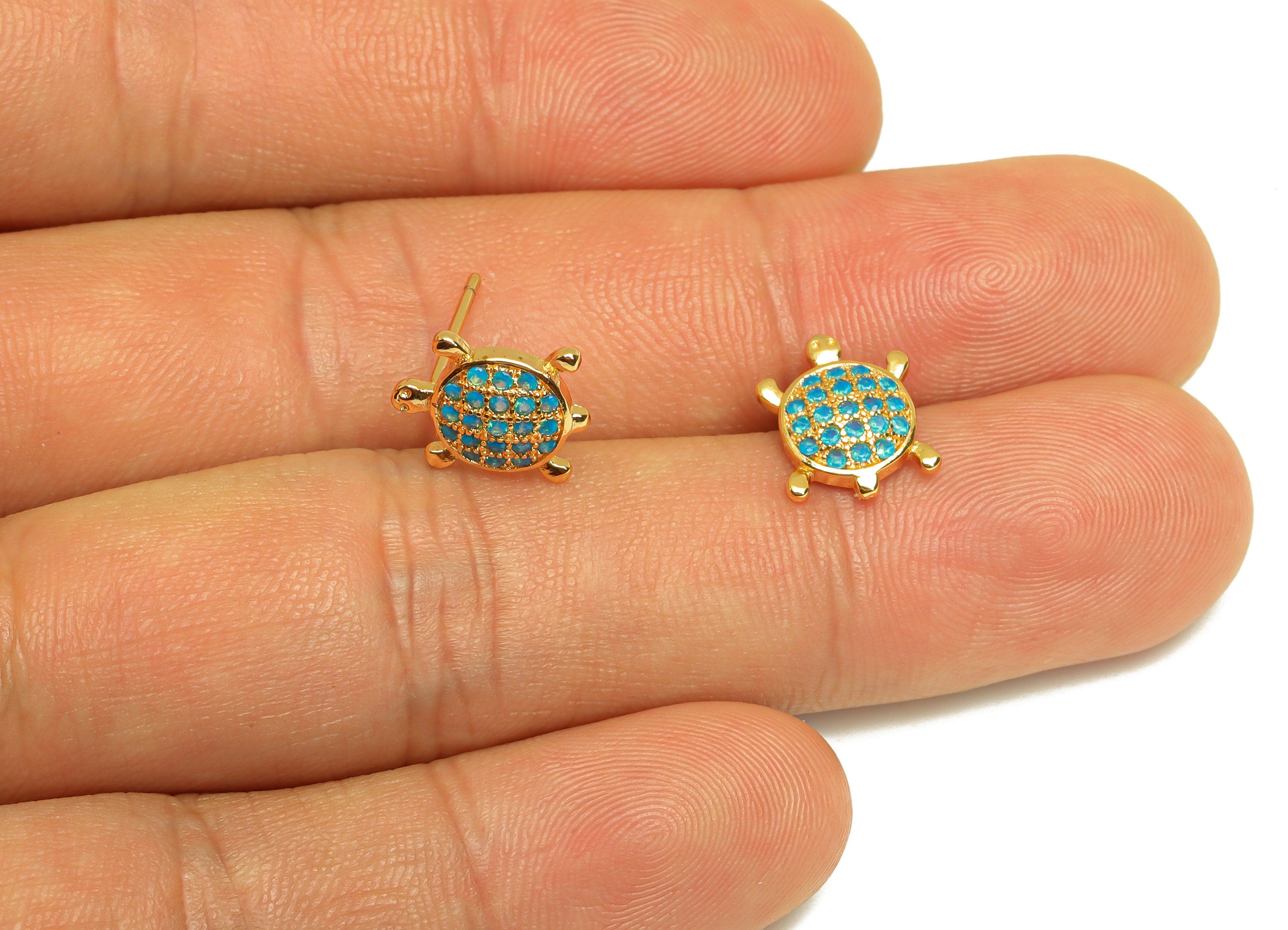 Brass Turtle CZ Earring Stud - Brass Nano Stone Earring Post - Brass Turtle Baby Earring Post - 18K Real Gold Plating - 14x9x0.7mm -RGP7187B - DOMEDBAZAAR