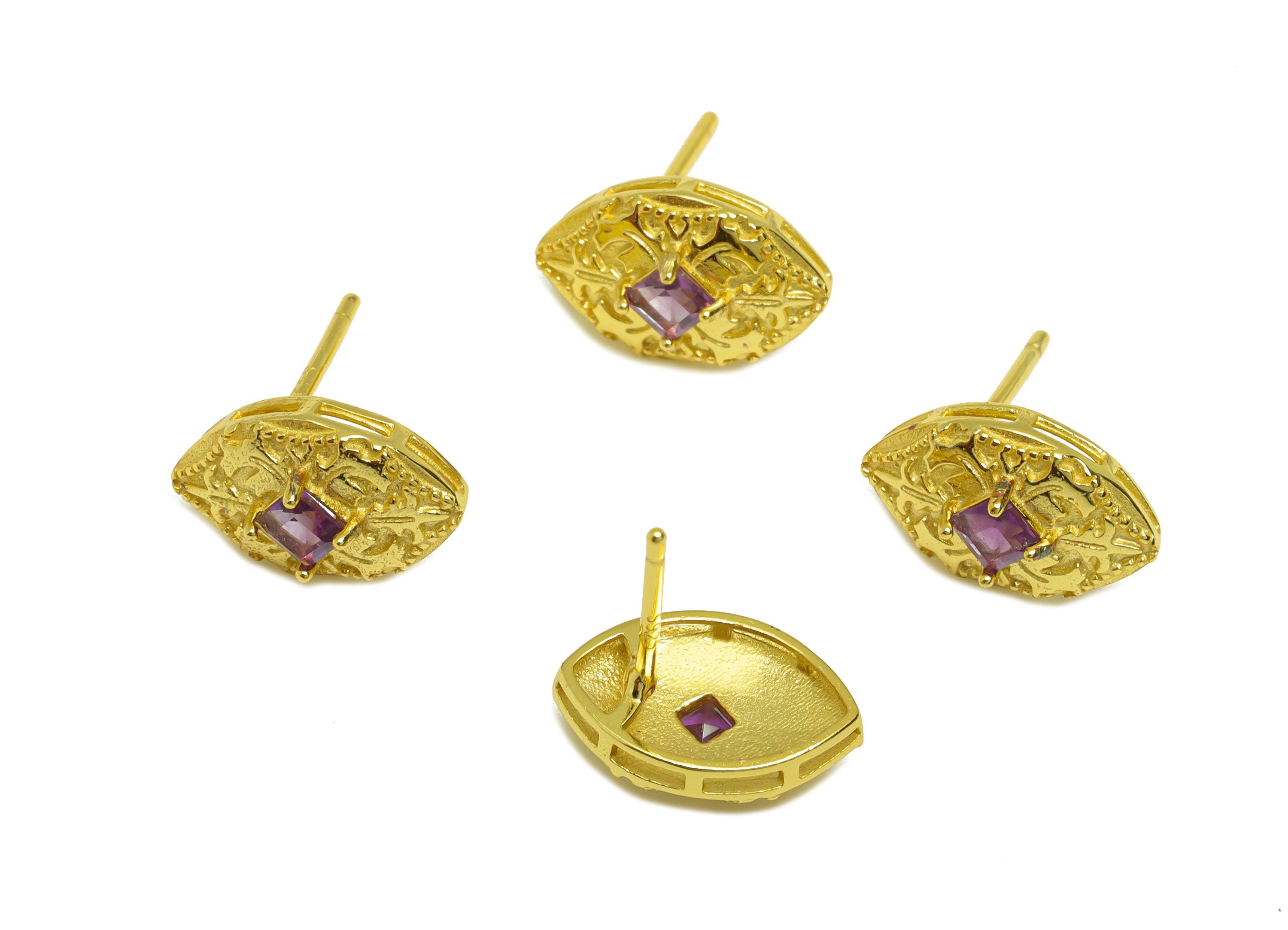 Amethyst Earring Stud - Textured Marquise Earring Post - 925 Silver Vintage Earring Post - 18K Real Gold Plating Silver - 12x8x1mm - RGP7198 - DOMEDBAZAAR