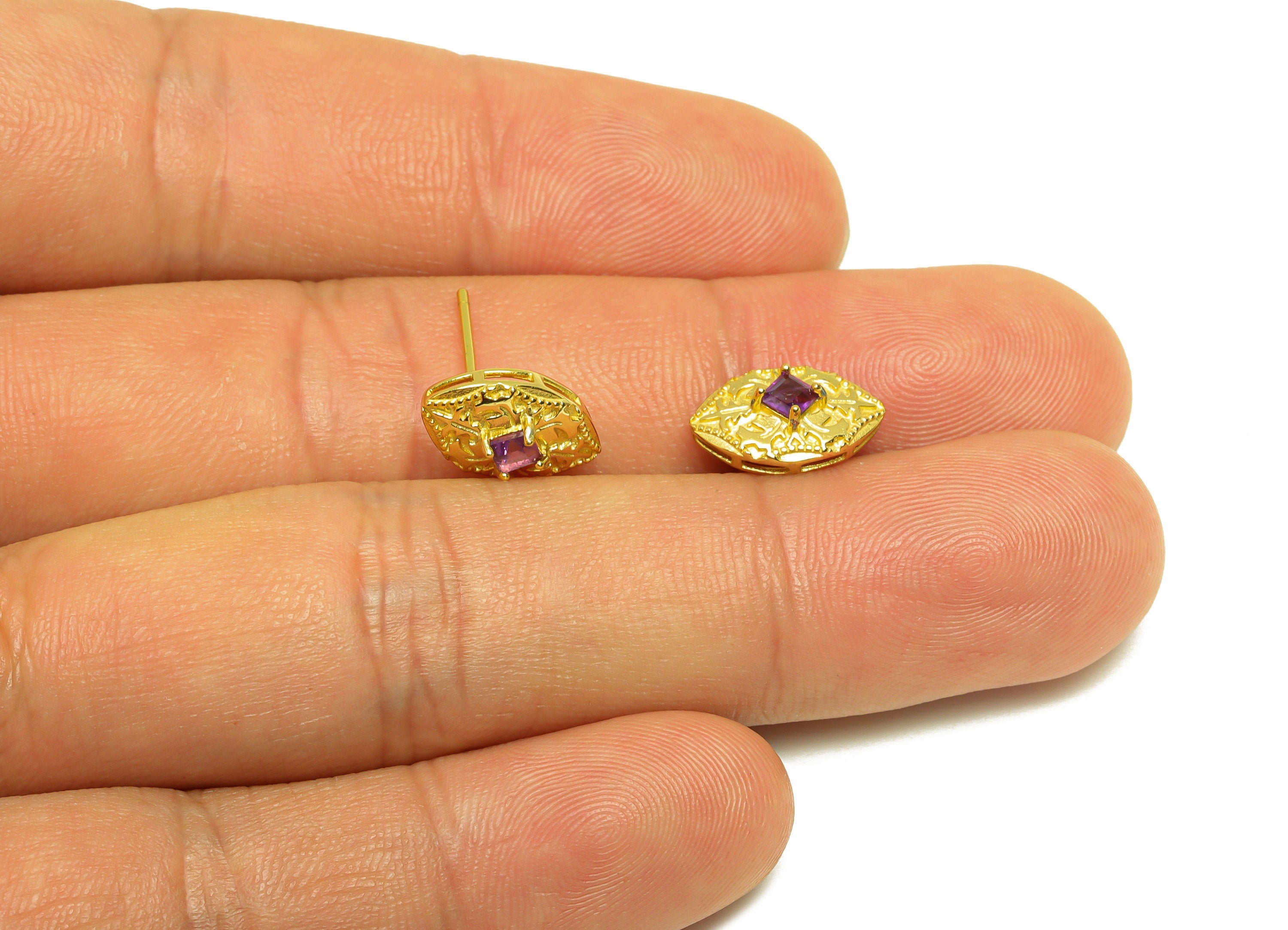 Amethyst Earring Stud - Textured Marquise Earring Post - 925 Silver Vintage Earring Post - 18K Real Gold Plating Silver - 12x8x1mm - RGP7198 - DOMEDBAZAAR