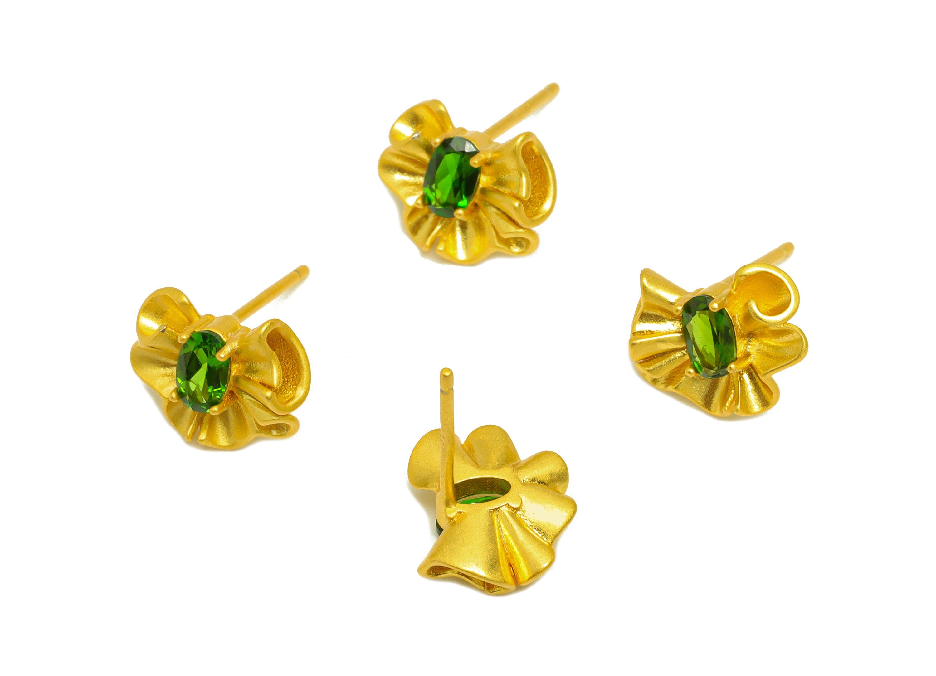 Diopside Earring Stud - Textured Diopside Earring Post - Wavy Silver Vintage Earring Post - 18K Real Gold Plating Silver - 9x11x1mm -RGP7193 - DOMEDBAZAAR