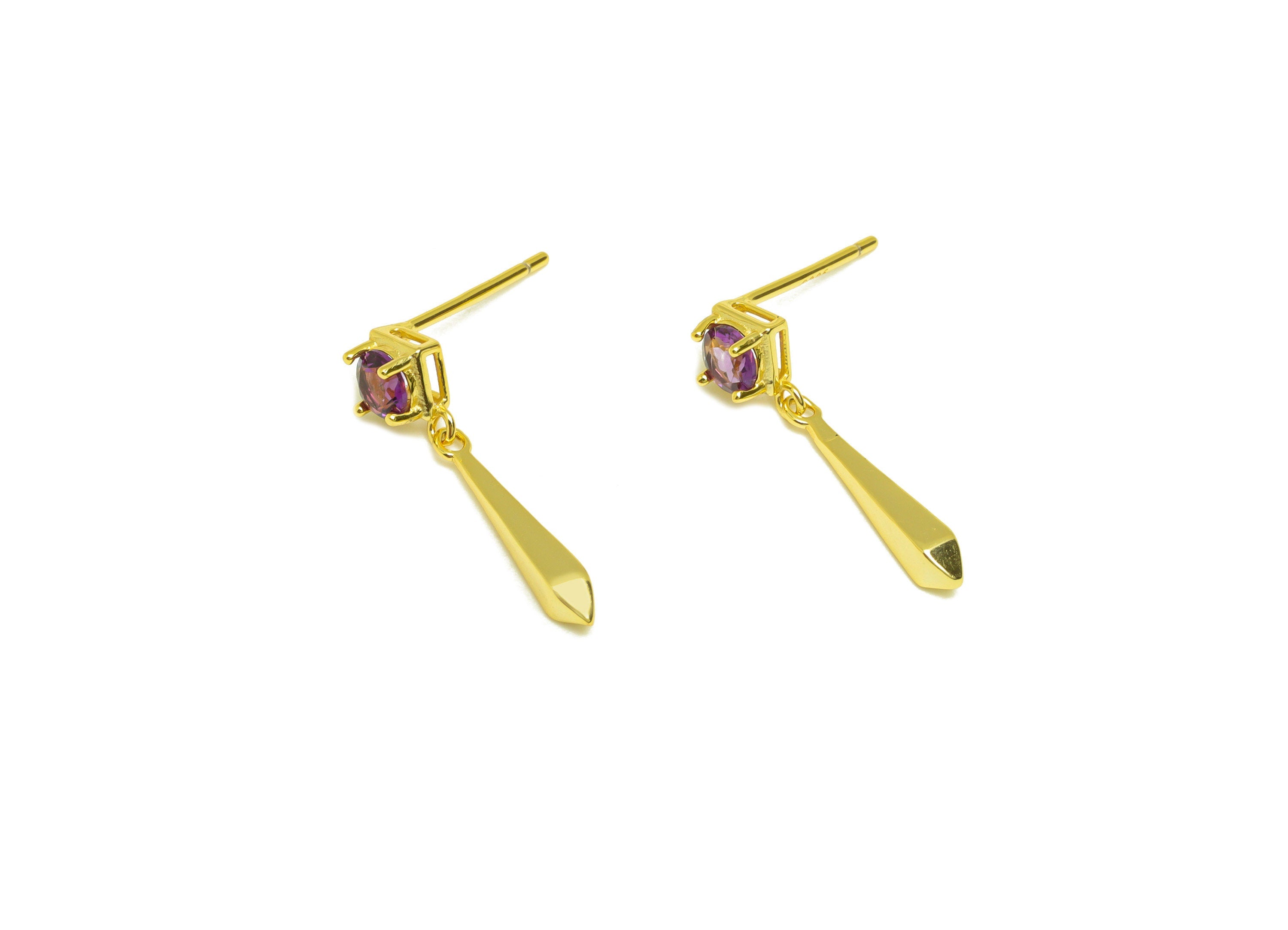 Amethyst Earring Stud - Square Dangle Stick Earring Post - 925 Silver Earring Post - 18K Real Gold Plating Silver -22.42x5x0.78mm - RGP7200 - DOMEDBAZAAR