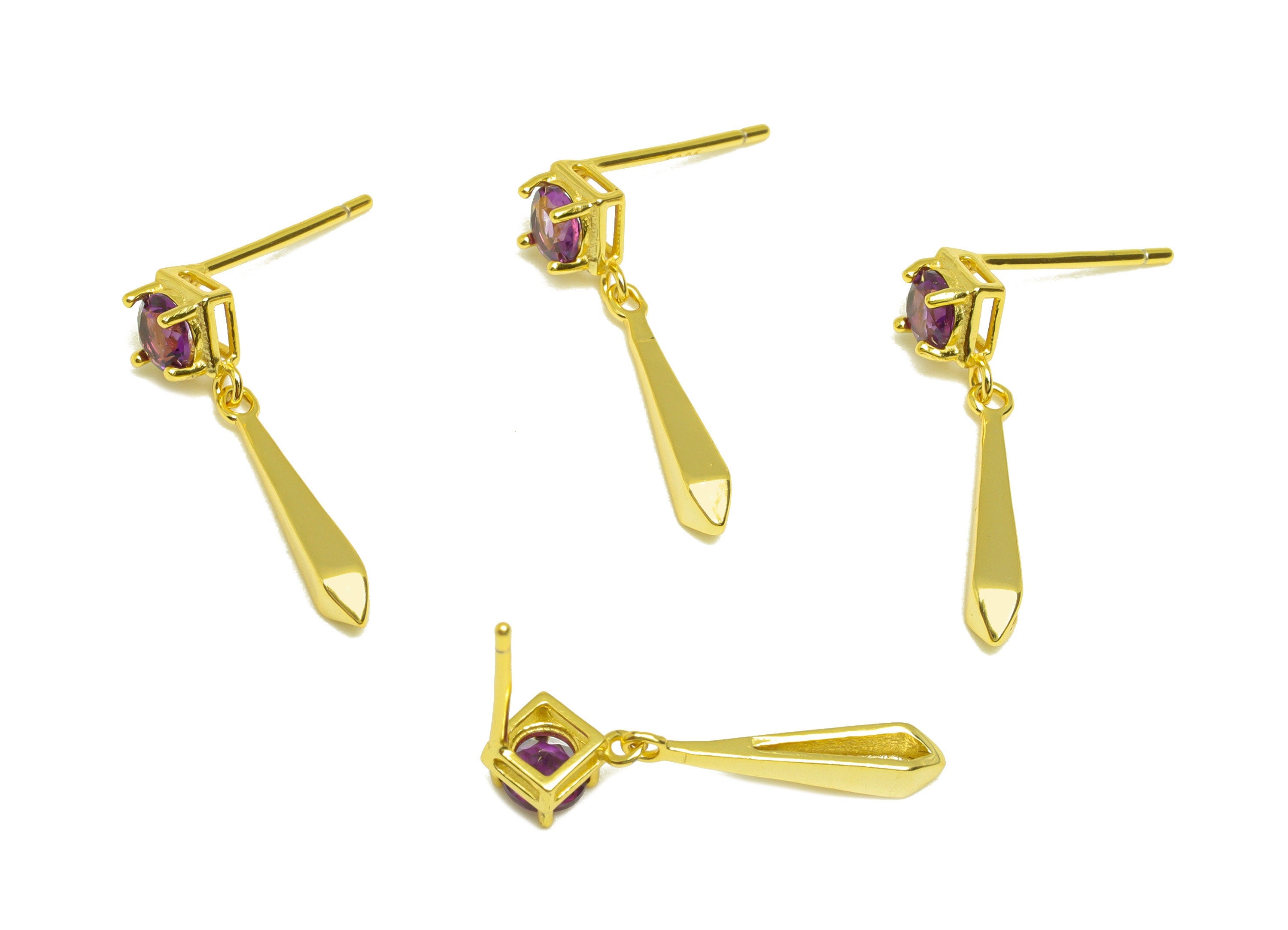 Amethyst Earring Stud - Square Dangle Stick Earring Post - 925 Silver Earring Post - 18K Real Gold Plating Silver -22.42x5x0.78mm - RGP7200 - DOMEDBAZAAR