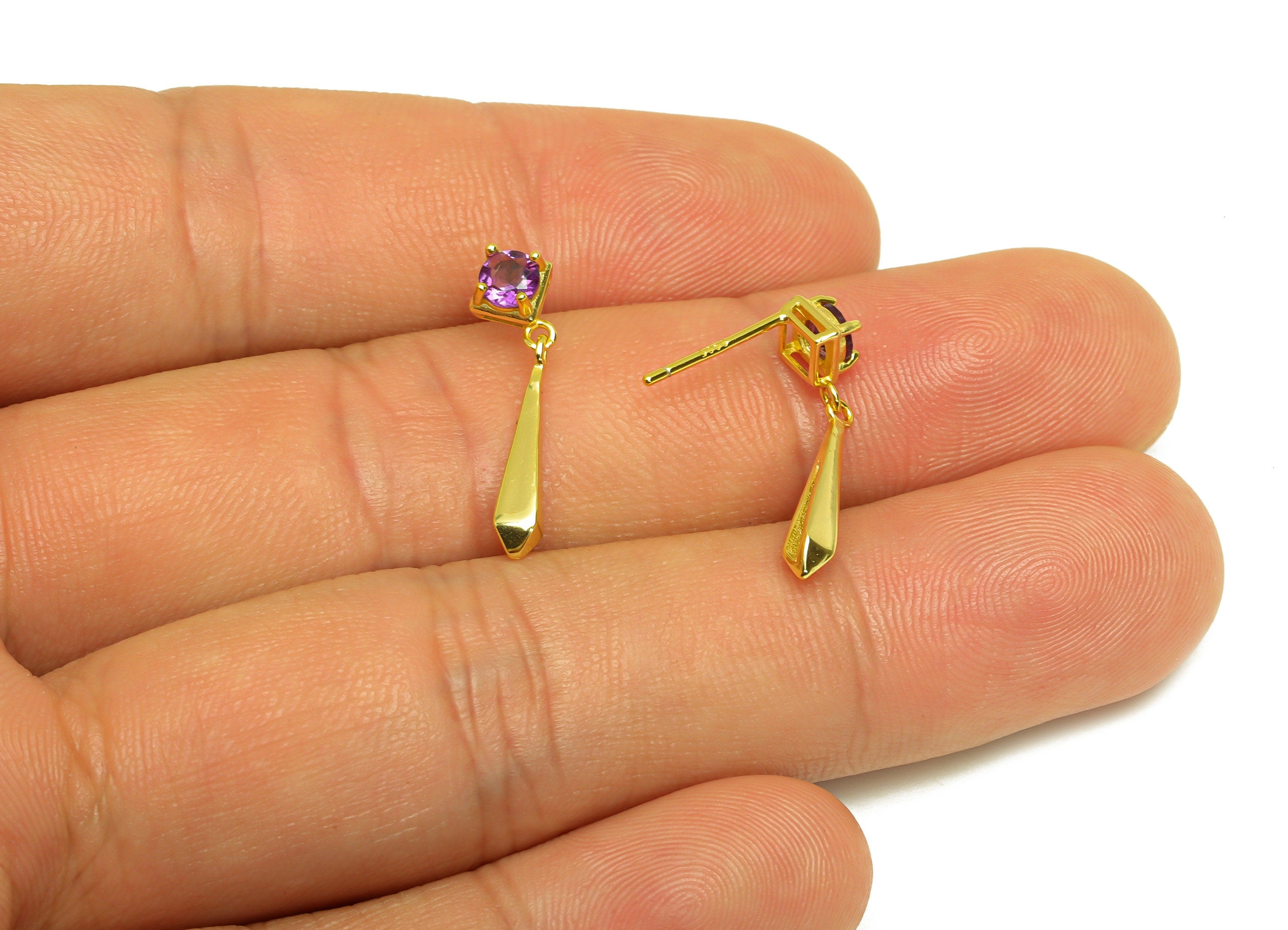 Amethyst Earring Stud - Square Dangle Stick Earring Post - 925 Silver Earring Post - 18K Real Gold Plating Silver -22.42x5x0.78mm - RGP7200 - DOMEDBAZAAR