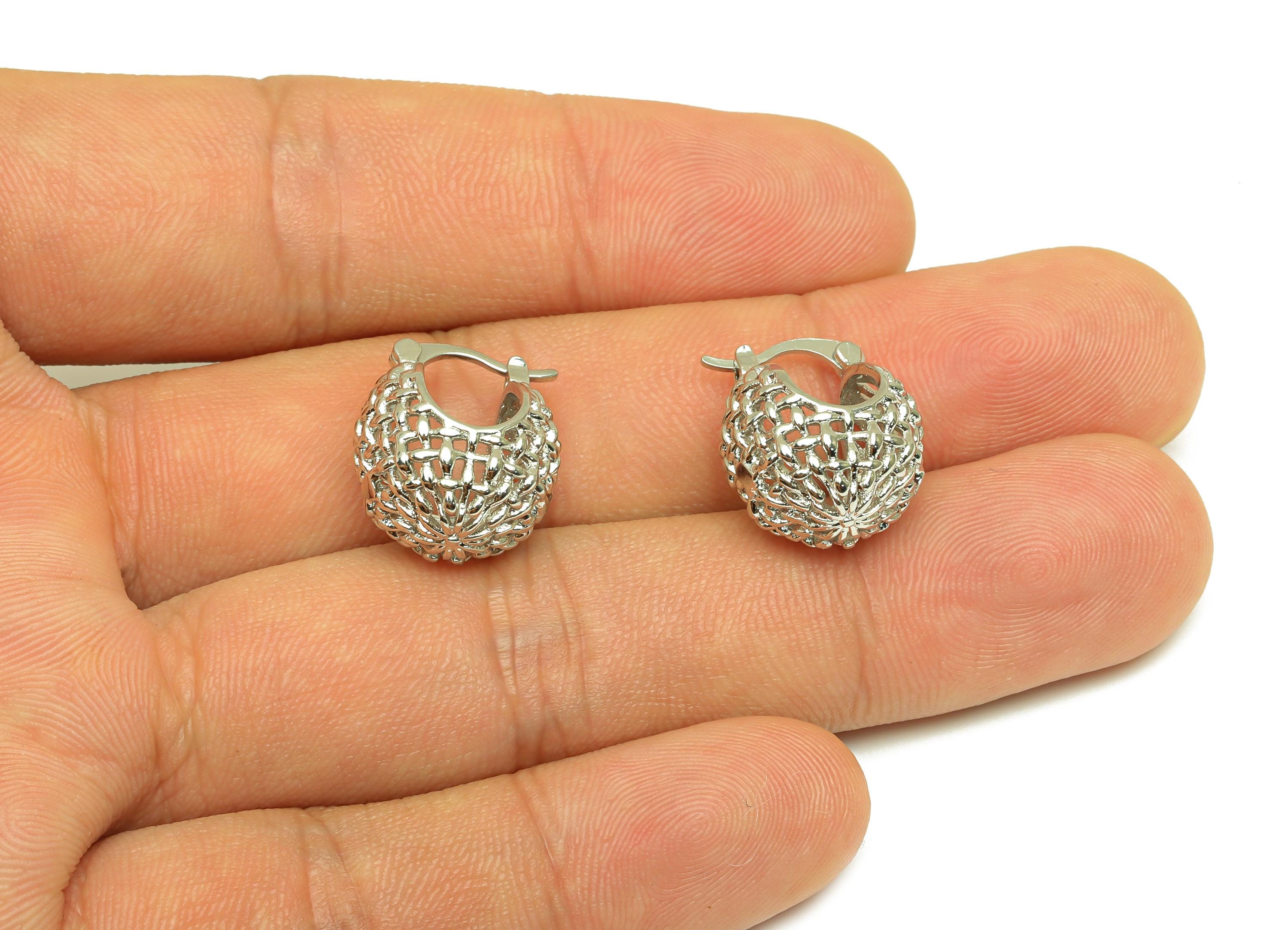 Brass Mesh Hoop Earring - Brass Basket Mesh Back Earring - Wire Hinged Back Hoop Earring - 18K Real White Gold Plating - 17x16x14mm -RGP7767 - DOMEDBAZAAR