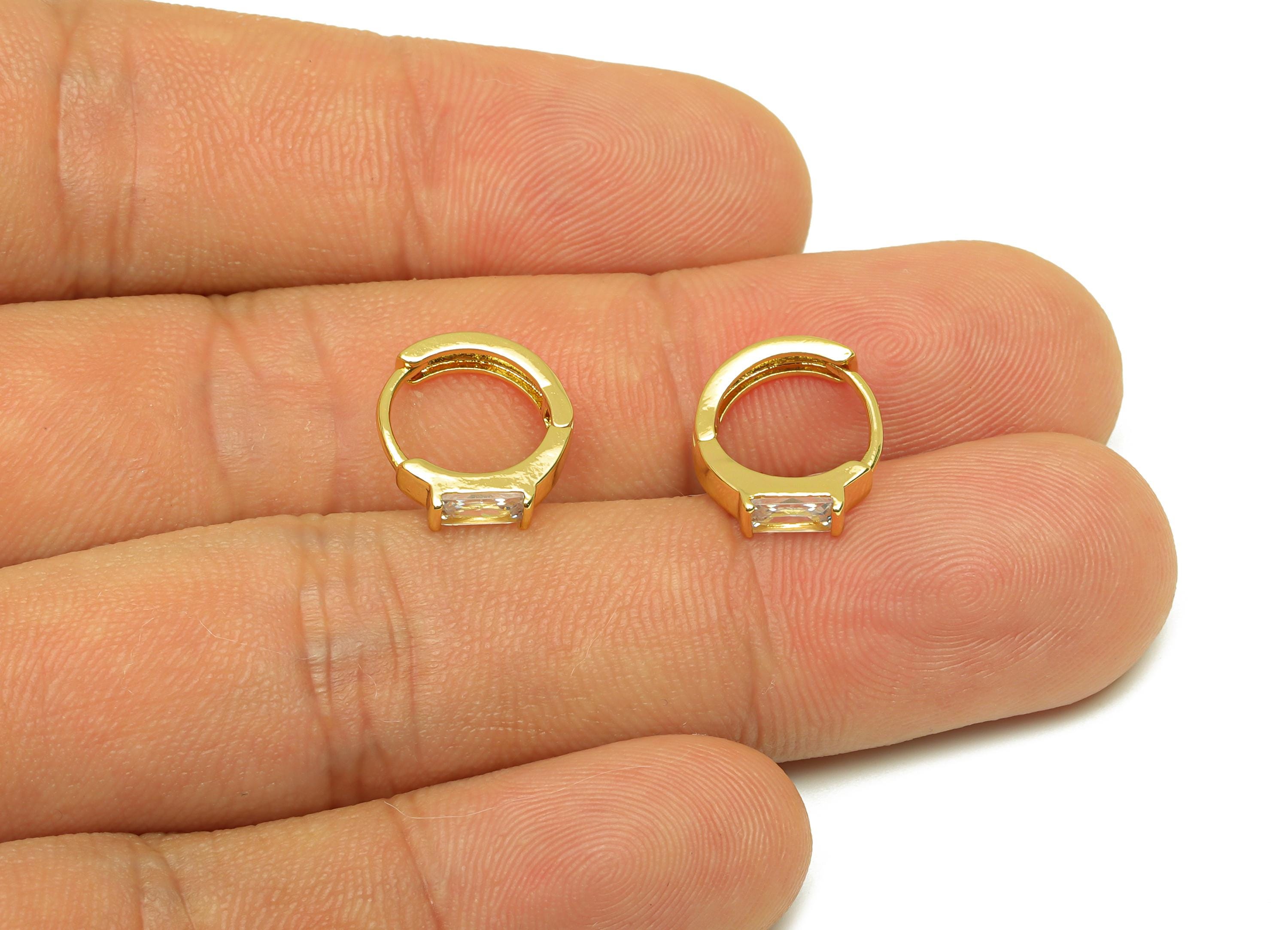 Brass Rectangle CZ Hoop Earring - Brass Huggie Hoop Earring - Cubic Zircon Clasp Earring - 18K Real Gold Plating - 13x11x2mm - RGP7790 - DOMEDBAZAAR