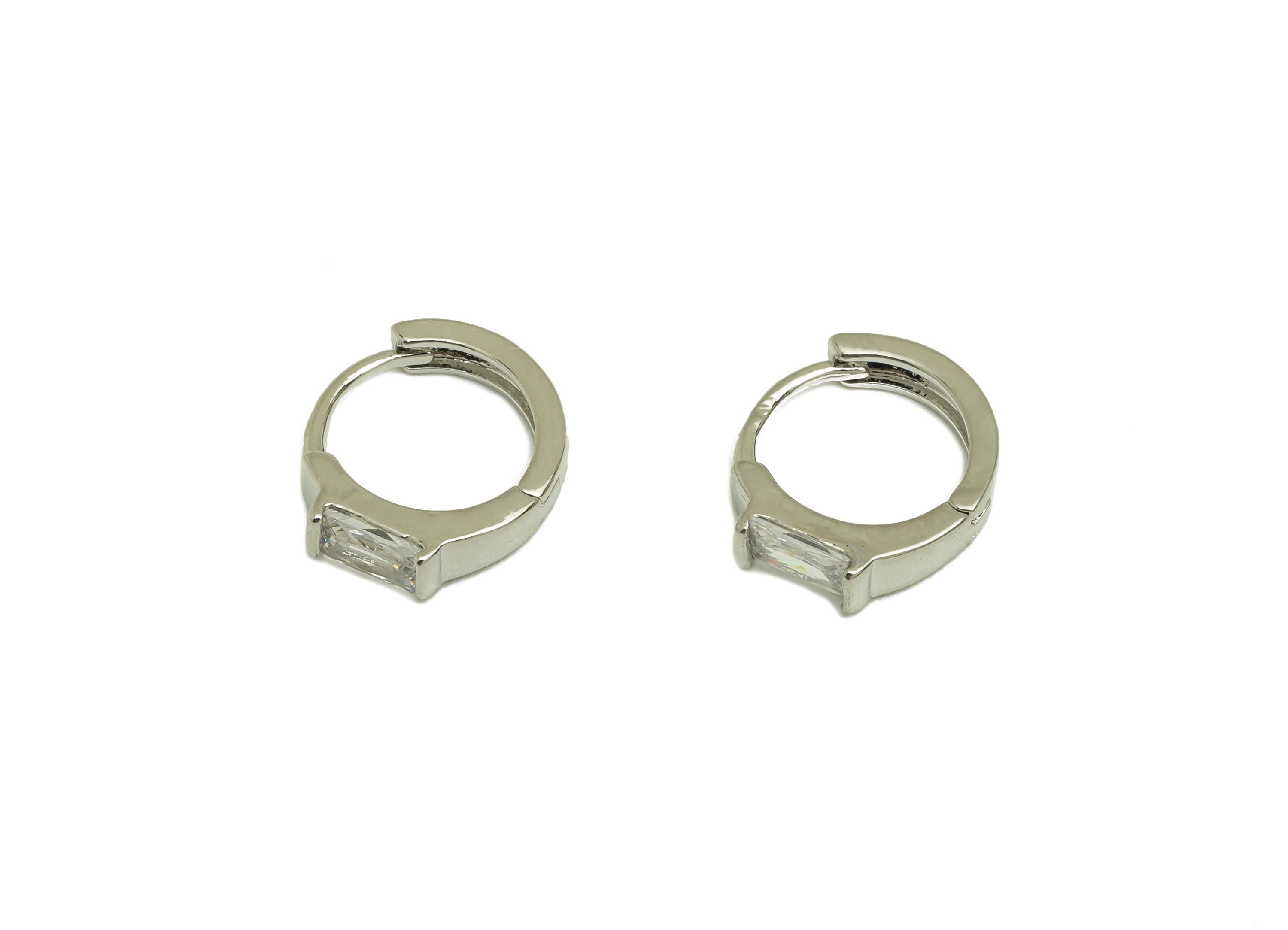 Brass Rectangle CZ Hoop Earring - Brass Huggie Hoop Earring - Cubic Zircon Clasp Earring - 18K Real White Gold Plating - 13x11x2mm - RGP7779 - DOMEDBAZAAR