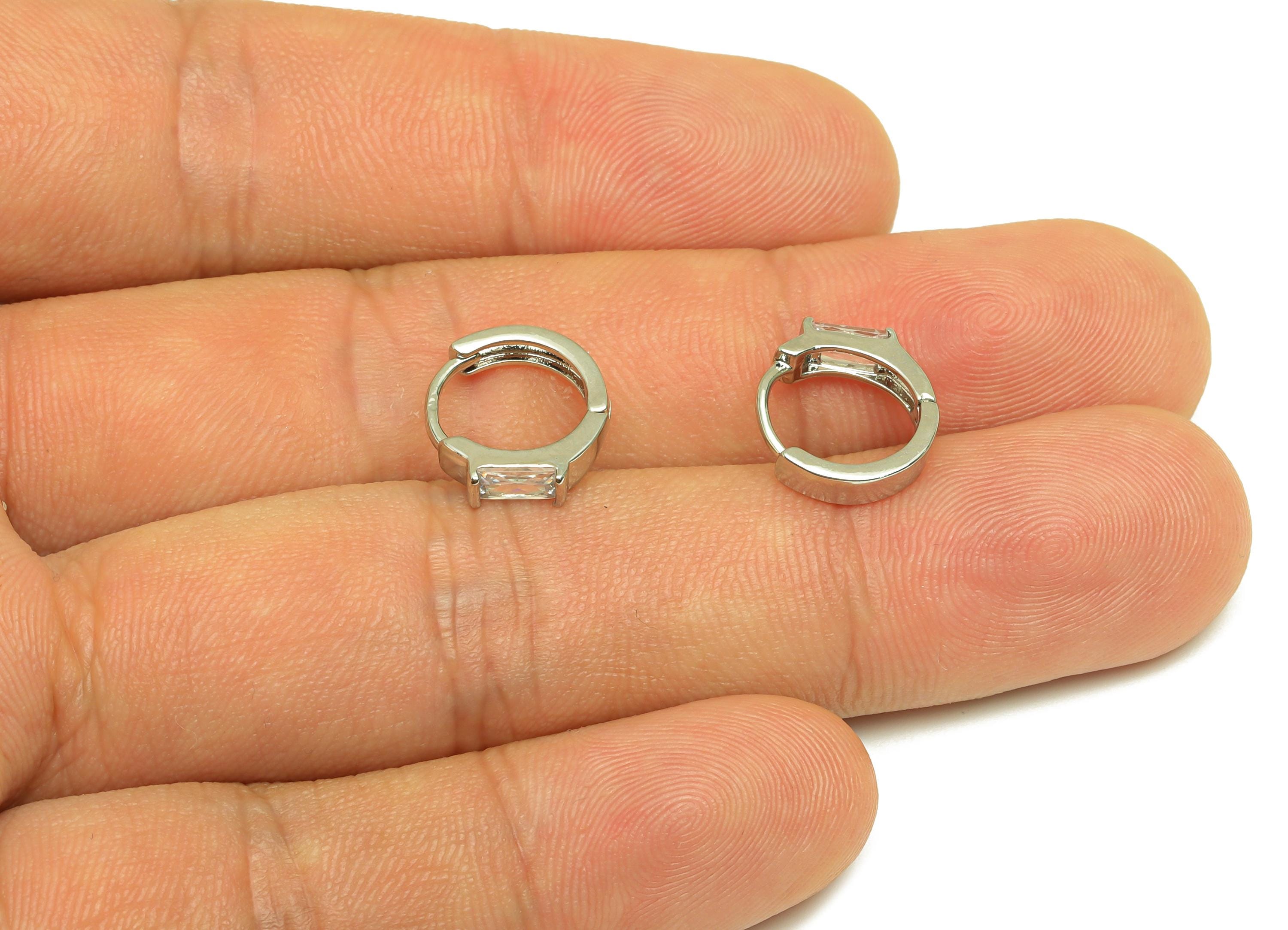 Brass Rectangle CZ Hoop Earring - Brass Huggie Hoop Earring - Cubic Zircon Clasp Earring - 18K Real White Gold Plating - 13x11x2mm - RGP7779 - DOMEDBAZAAR