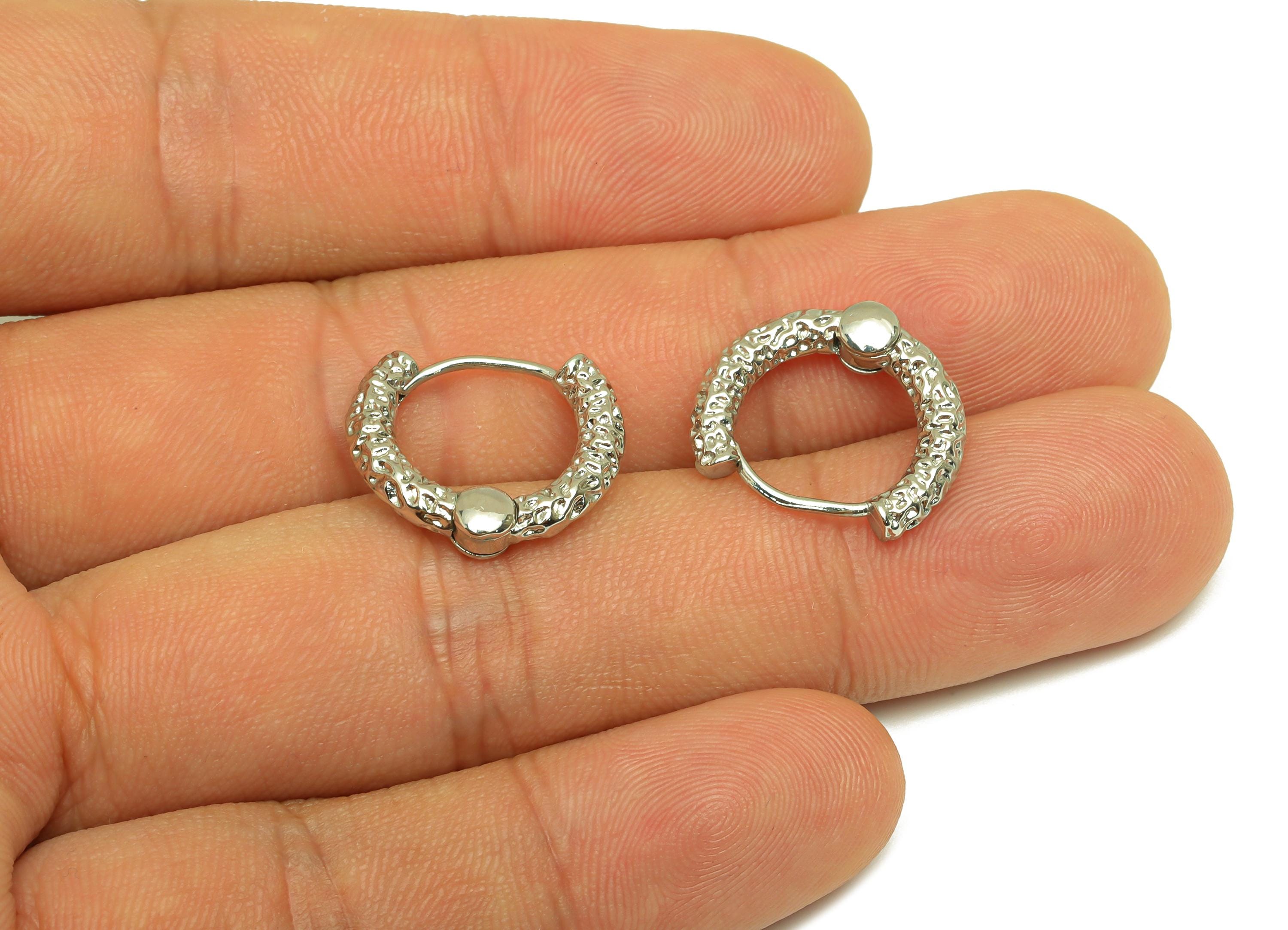 Brass Hoop Earring - Brass Textured Huggie Earring Clasp - Brass Clasp Hoop Earring - 18K Real Gold White Plating - 17x15x2.9mm - RGP7773 - DOMEDBAZAAR