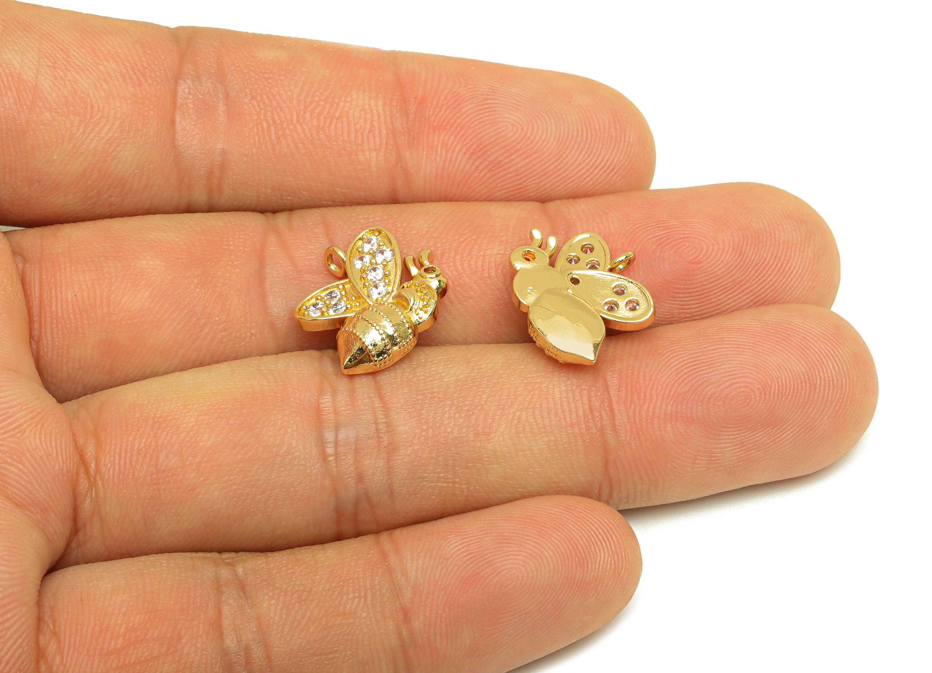 Brass Zircon Bee Charm - Brass Cubic Zircon Animal Pendant - Animal Bee Earring Charm - 18K Real Gold Plating - 16.5x14.3x4.4mm - RGP7632 - DOMEDBAZAAR