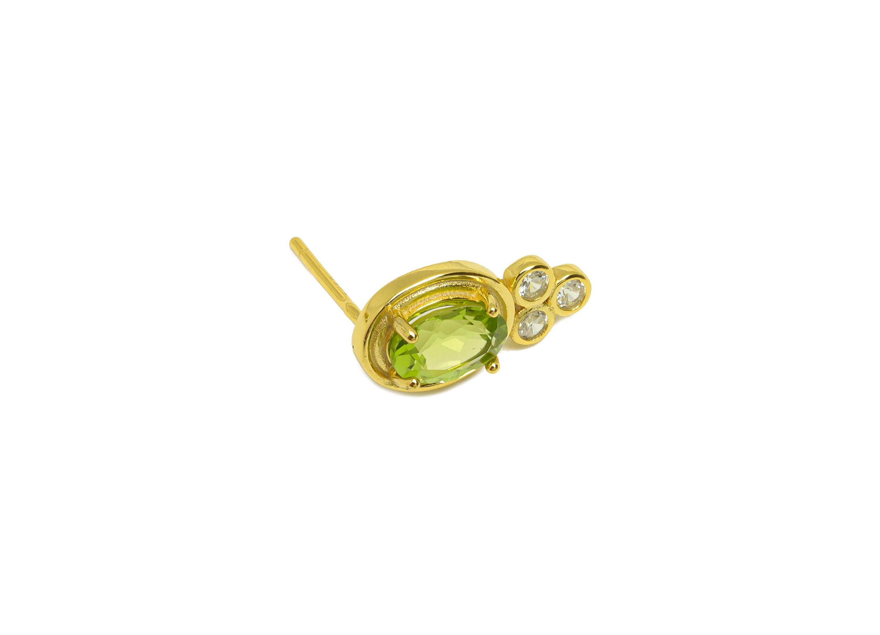 Peridot Earring Stud - Cubic Zircon Oval Earring Post - 925 Silver Green Earring Post - 18K Real Gold Plating Silver - 14x8x0.78mm - RGP7219 - DOMEDBAZAAR