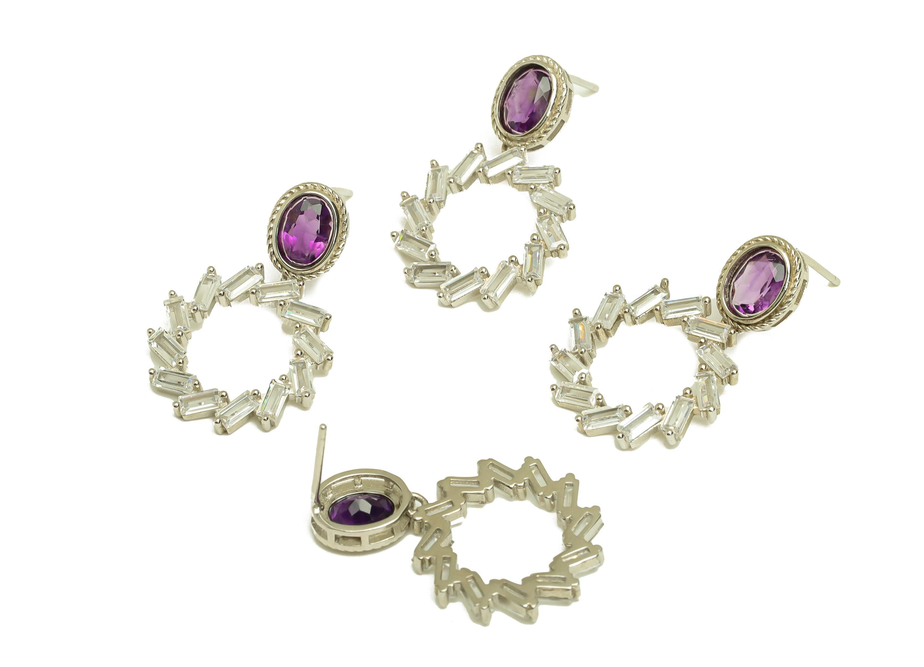 Amethyst Earring Stud - Rectangle Cubic Zircon Oval Earring Post - Purple Earring Post - Silver Round Earring Post - 27x18x1mm - RGP7231 - DOMEDBAZAAR
