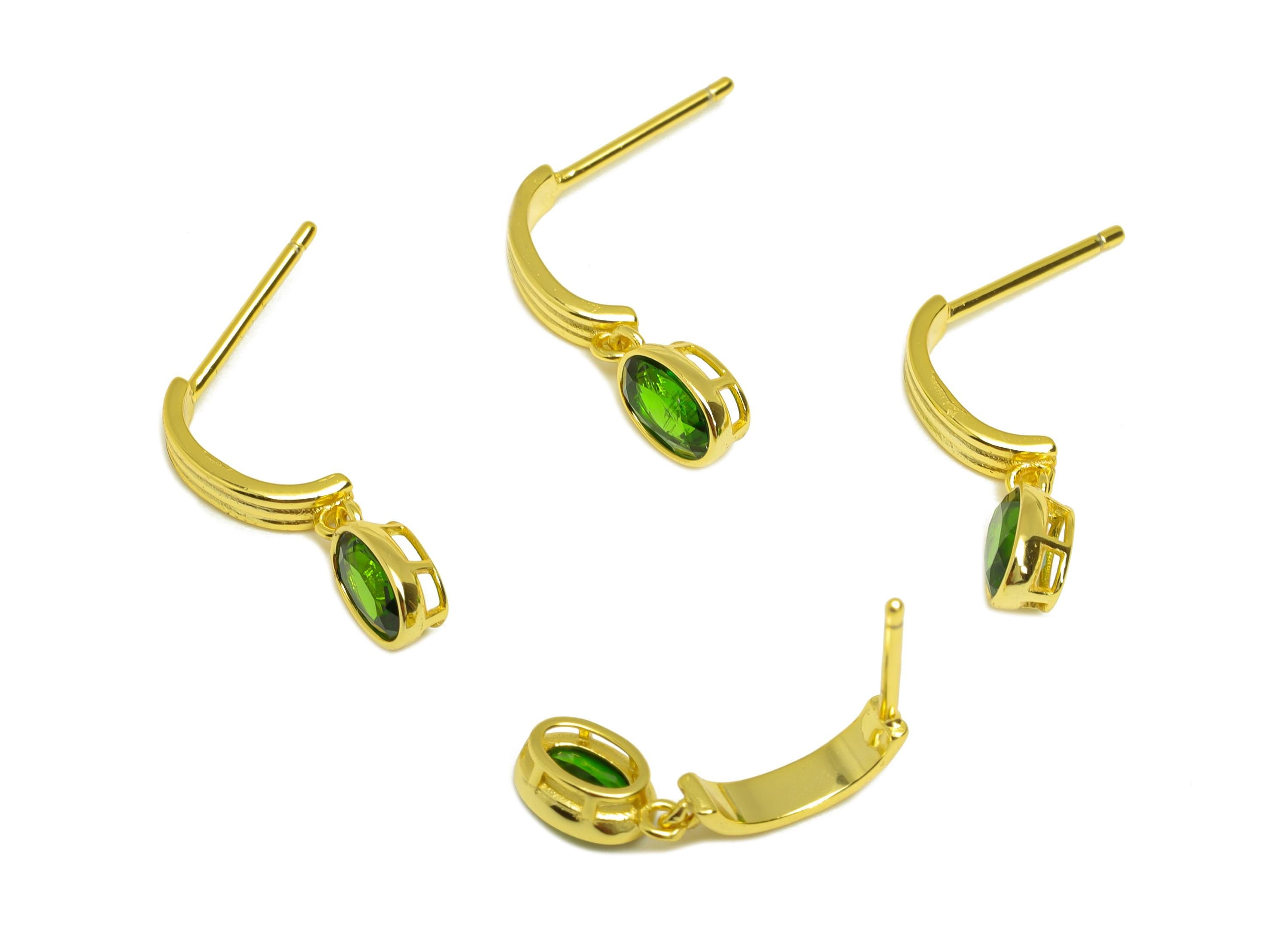 Diopside Bent Earring Stud - Bent Stick Oval Green Earring Post - Silver Earring Post - 18K Real Gold Plating Silver - 20x5x0.9mm- RGP7220 - DOMEDBAZAAR