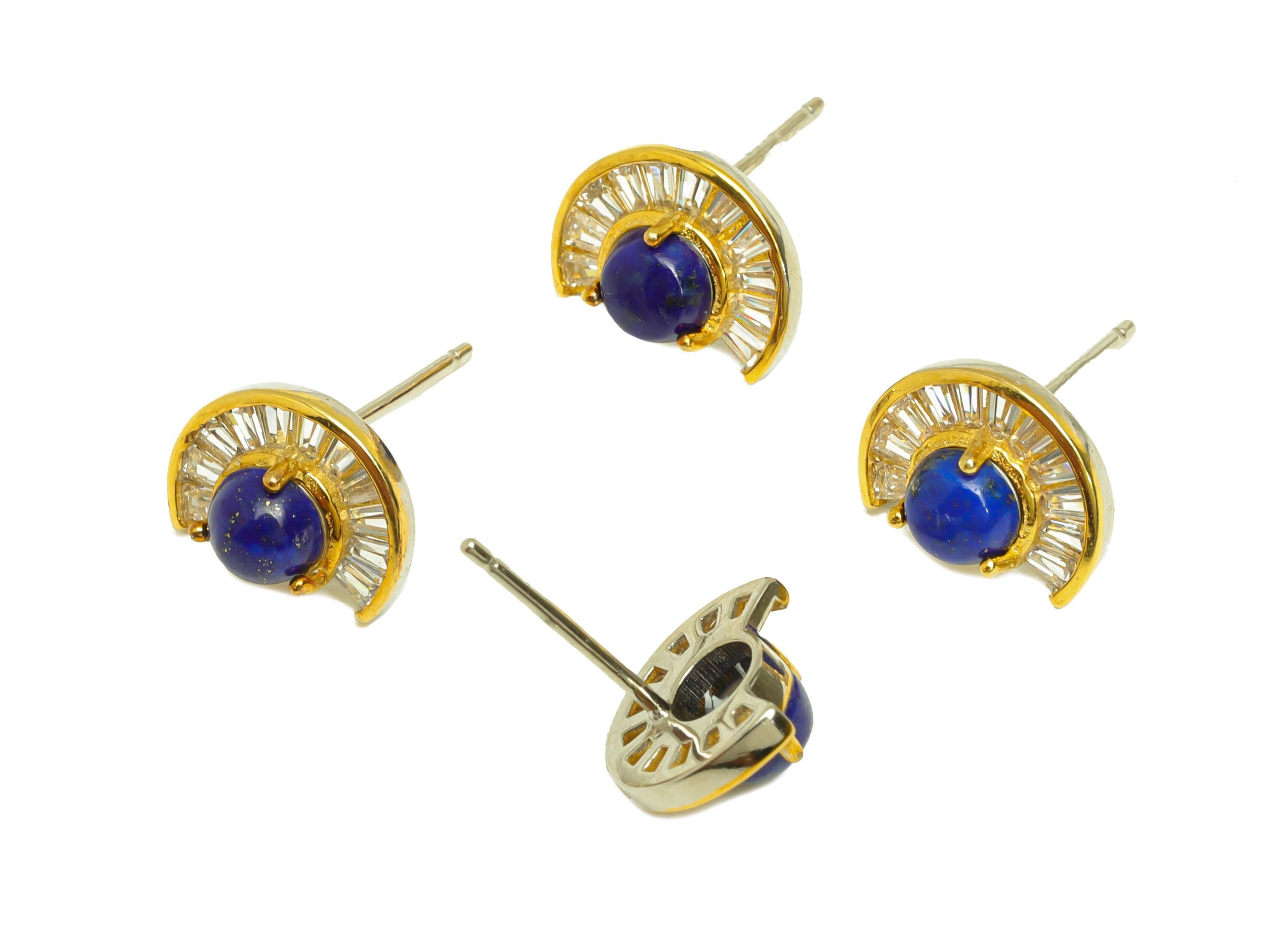 Afgan Lapis Lazuli Earring Stud - Cubic Zircon Blue Earring Post - Silver Earring Post - CZ Geometry Round Earring Post - 8x11x1mm - RGP7229 - DOMEDBAZAAR