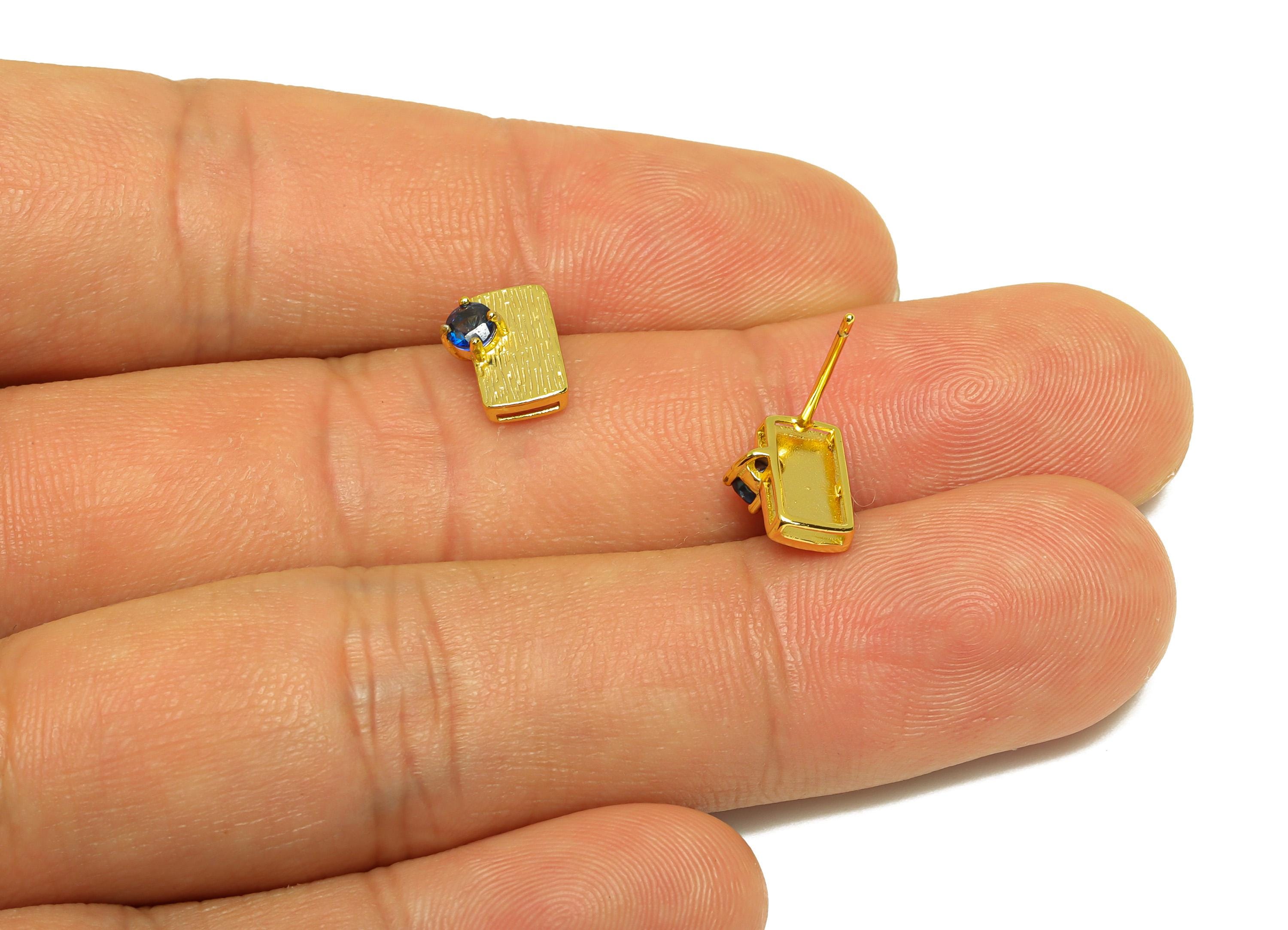 Saphire Earring Stud - Textured Rectangle Saphire Earring Post - Silver Earring Post - 18K Real Gold Plating Silver Post - 9x7x0.7mm-RGP7218 - DOMEDBAZAAR
