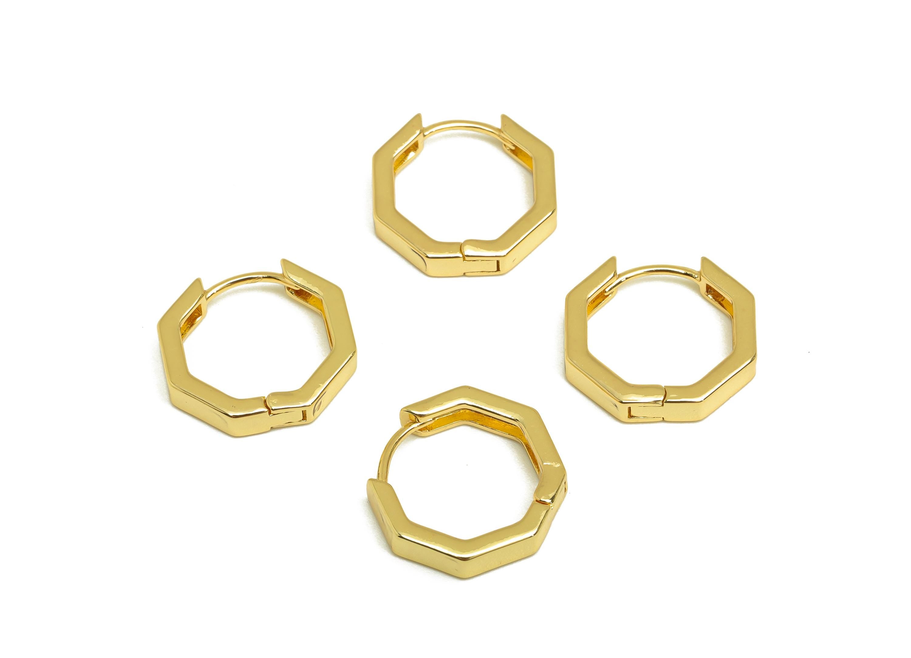 Brass Octagon Earrings Clasps - Gold Huggie Hoop Ear Clasp - Octagon Huggie Hoop Earring - 18K Real Gold Plated - 13.9x13.6x1.52mm - RGP7639 - DOMEDBAZAAR