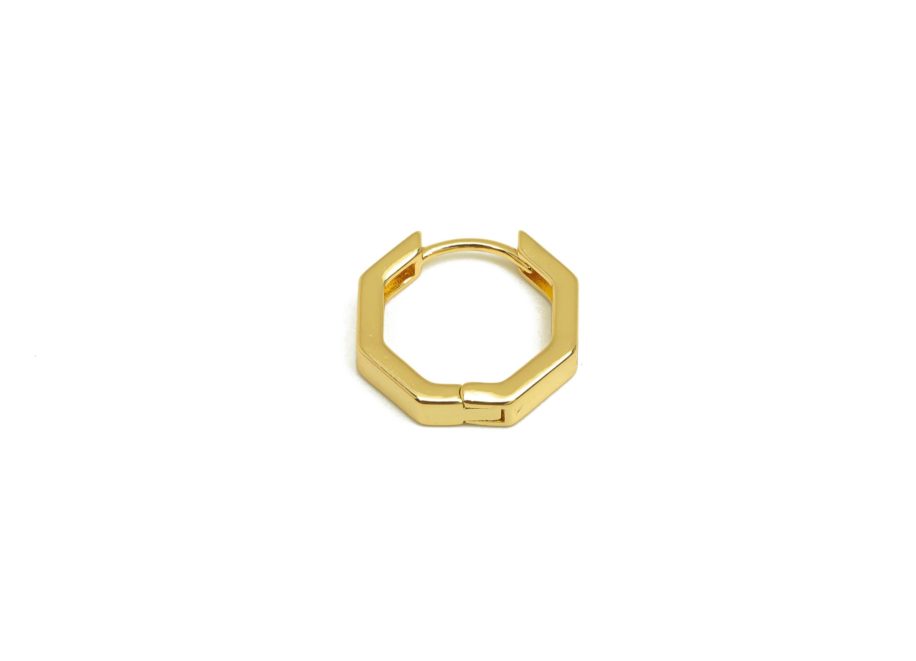 Brass Octagon Earrings Clasps - Gold Huggie Hoop Ear Clasp - Octagon Huggie Hoop Earring - 18K Real Gold Plated - 13.9x13.6x1.52mm - RGP7639 - DOMEDBAZAAR