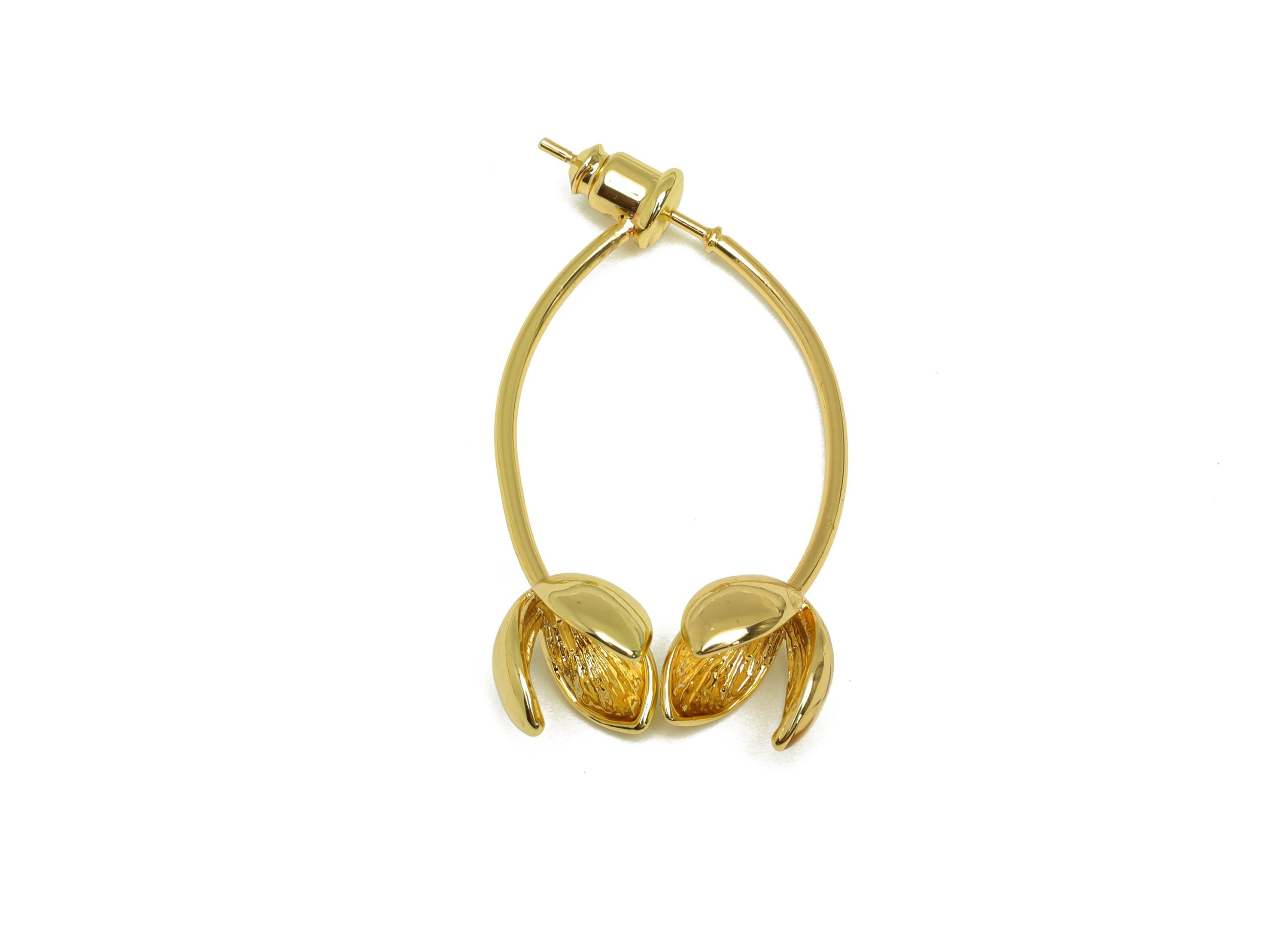 Brass Flower Earring Jacket - Botanical Flower Earring Post - Gold Flower Earring Stud - 18K Real Gold Plating - 38.25x9x8.66mm - RGP7648 - DOMEDBAZAAR