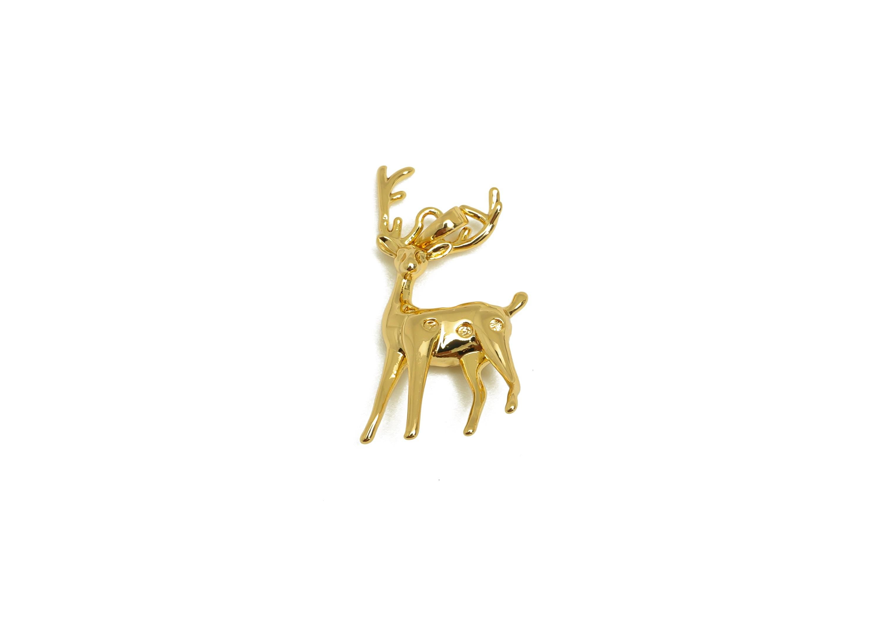 Brass Deer Earring Charm - Textured Sika Deer Pendant with Loop - Gold Animal Deer Charm - 18K Real Gold Plated - 10.35x23.5x3.27mm- RGP7650 - DOMEDBAZAAR